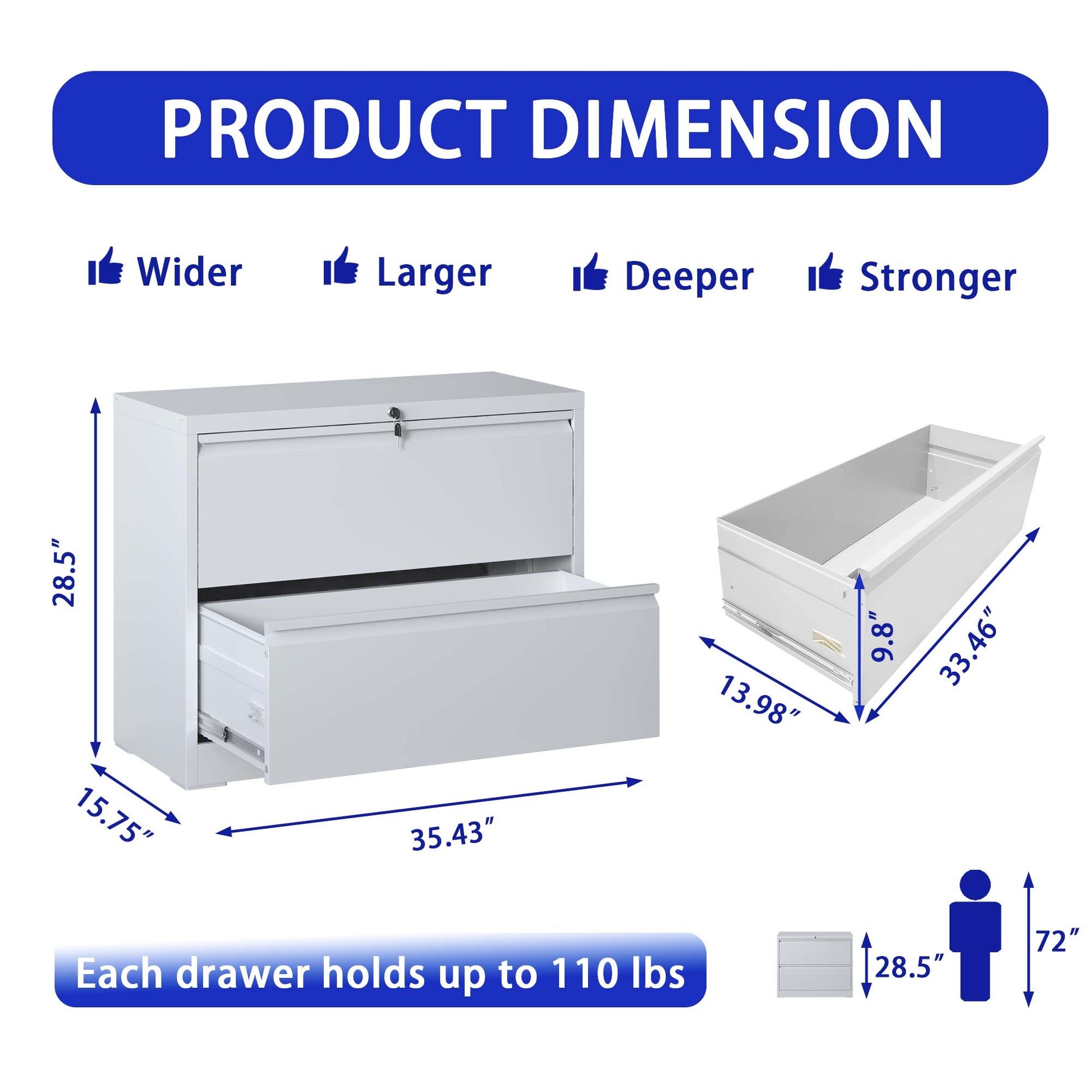 Lateral File Cabinet 2 Drawer, White Filing Cabinet With Lock, Lockable File Cabinet For Home Office, Locking Metal File Cabinet For Legal Letter A4 F4 Size Filing Cabinets 1 2 Drawers White Office Drawers Included Modern Metal Metal