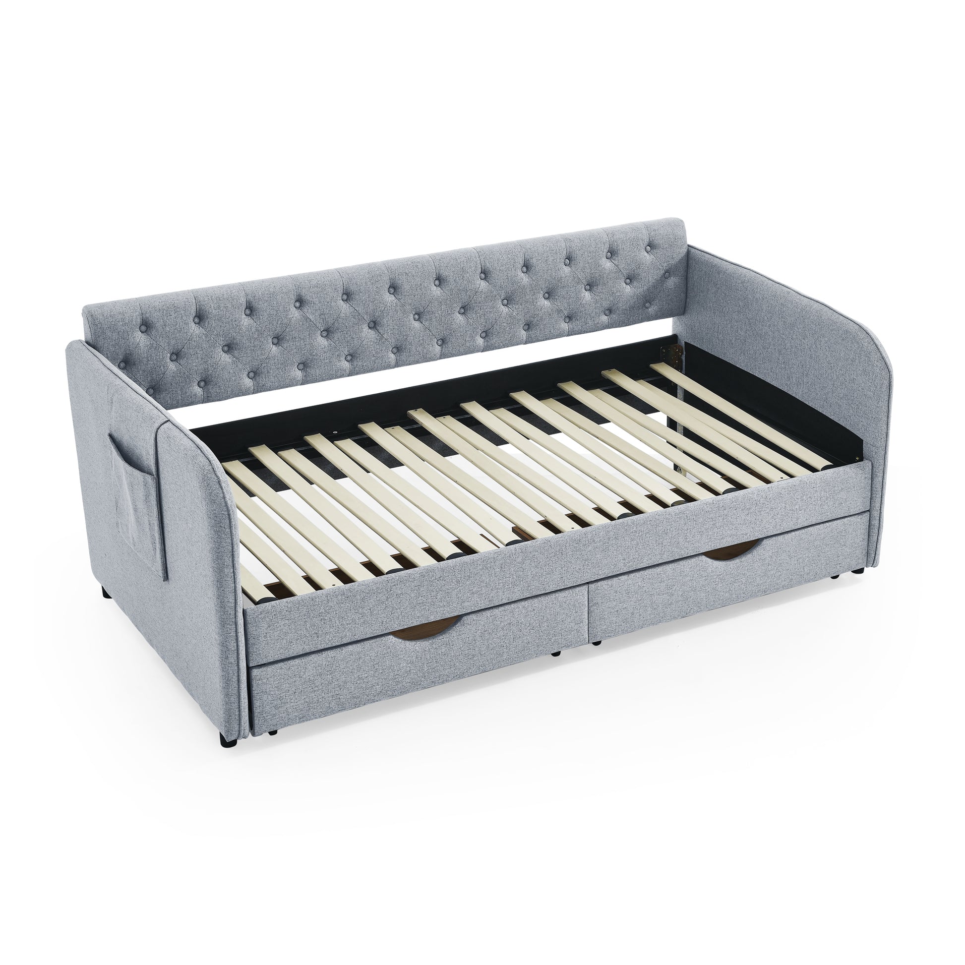 Twin Size Upholstery Daybed With Trundle Bed And Two Storage Drawersflat Arms With Pocket, Extendable Daybed For Bedroom Living Room,Linen Grey Grey Linen