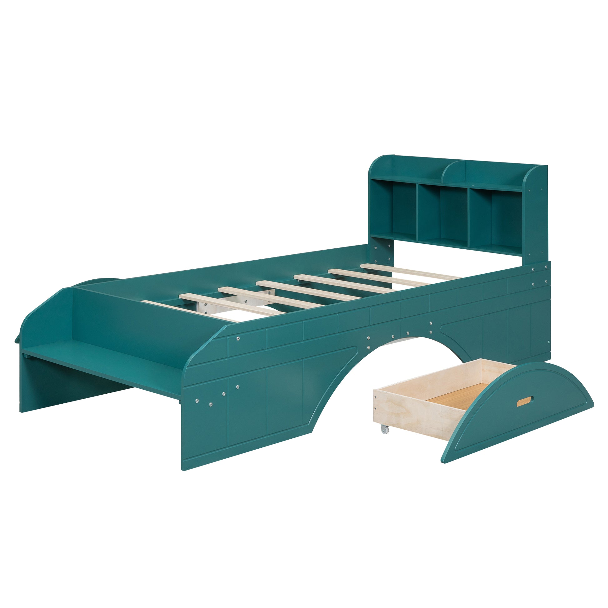 Wood Twin Size Platform Bed With 2 Drawers, Storage Headboard And Footboard, Dark Green Box Spring Not Required Twin Dark Green Bedroom Bed Frame Solid Wood Mdf