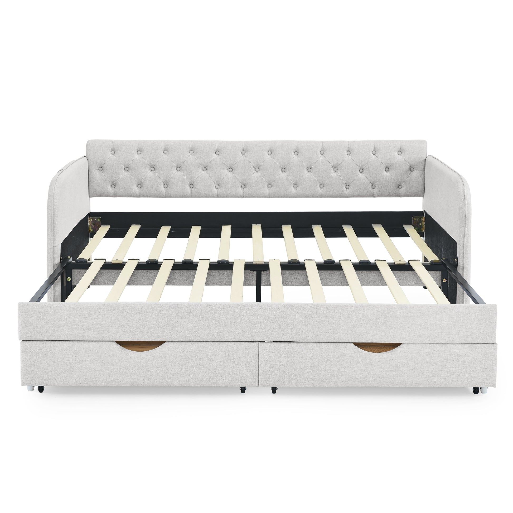 Twin Size Upholstery Daybed With Trundle Bed And Two Storage Drawersflat Arms With Pocket, Extendable Daybed For Bedroom Living Room,Linen Beige Beige Linen