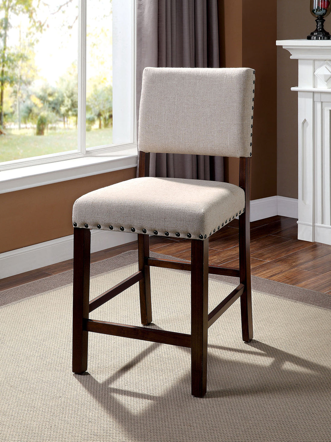 Set Of 2 Linen Upholstered Dining Chairs With Trim In Brown Cherry And Ivory Solid Ivory Dining Room Dining Chairs Solid Back Mdf