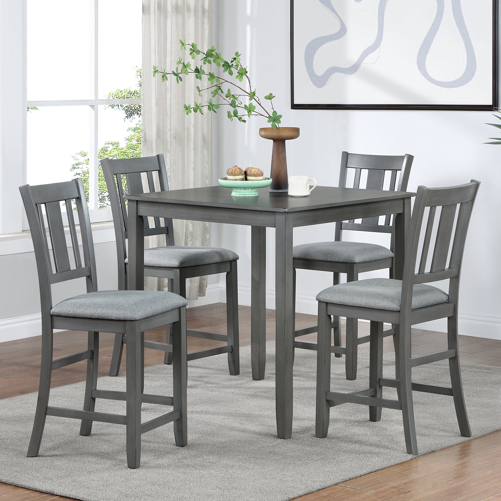 5 Piece Dining Table Set, Wooden Dining Square Table Set For 4, Counter Height Kitchen Table Set With Square Table And 4 Upholstered Chairs For Small Space, Gray Wood Gray Seats 4 Gray Wood Dining Room Acacia 4 Leg Square Dining Table With Chair Acacia