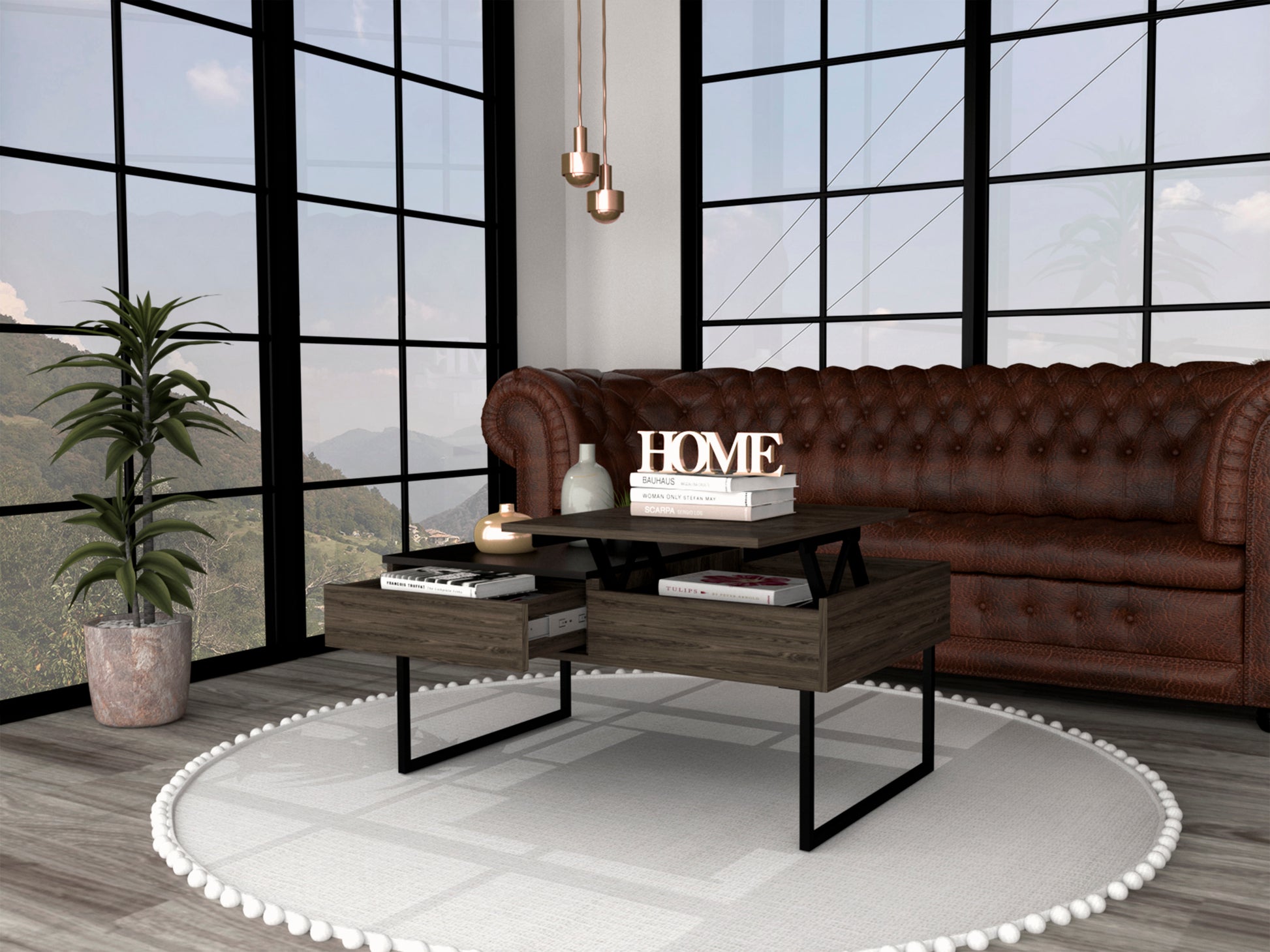 Manila Lift Top Coffee Table, One Drawer, Dark Walnut Brown Particle Board Particle Board