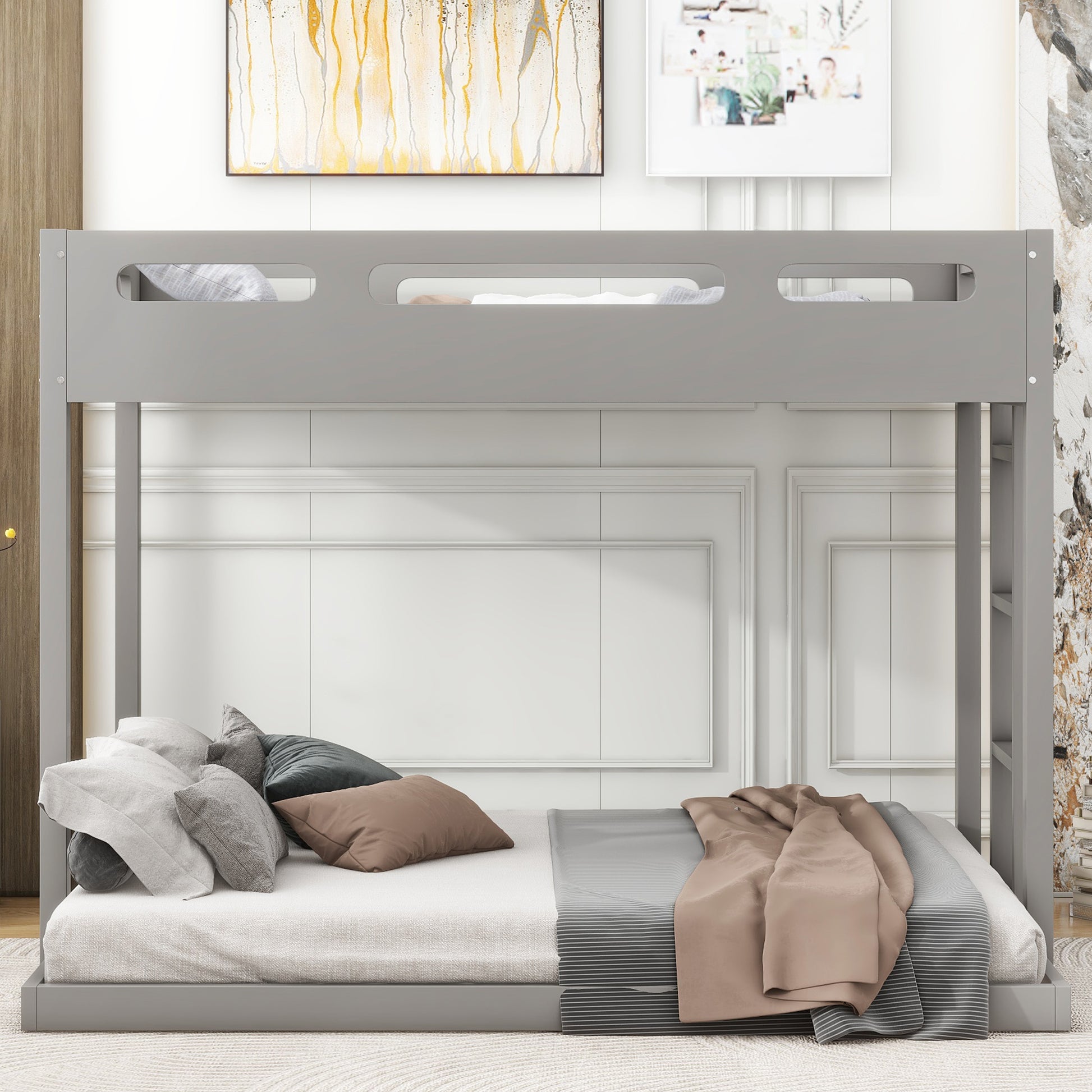 Twin Over Full Bunk Bed With Built In Ladder,Gray Gray Solid Wood Mdf