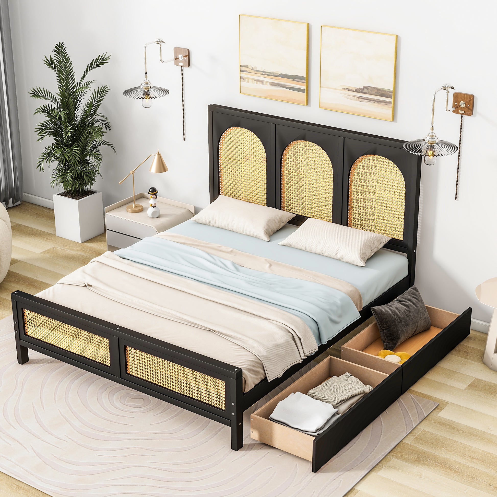 Full Size Wood Storage Platform Bed With 2 Drawers, Rattan Headboard And Footboard, Black Box Spring Not Required Full Black Wood Bathroom Wood Rattan