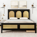 Full Size Wood Storage Platform Bed With 2 Drawers, Rattan Headboard And Footboard, Black Box Spring Not Required Full Black Wood Bathroom Wood Rattan