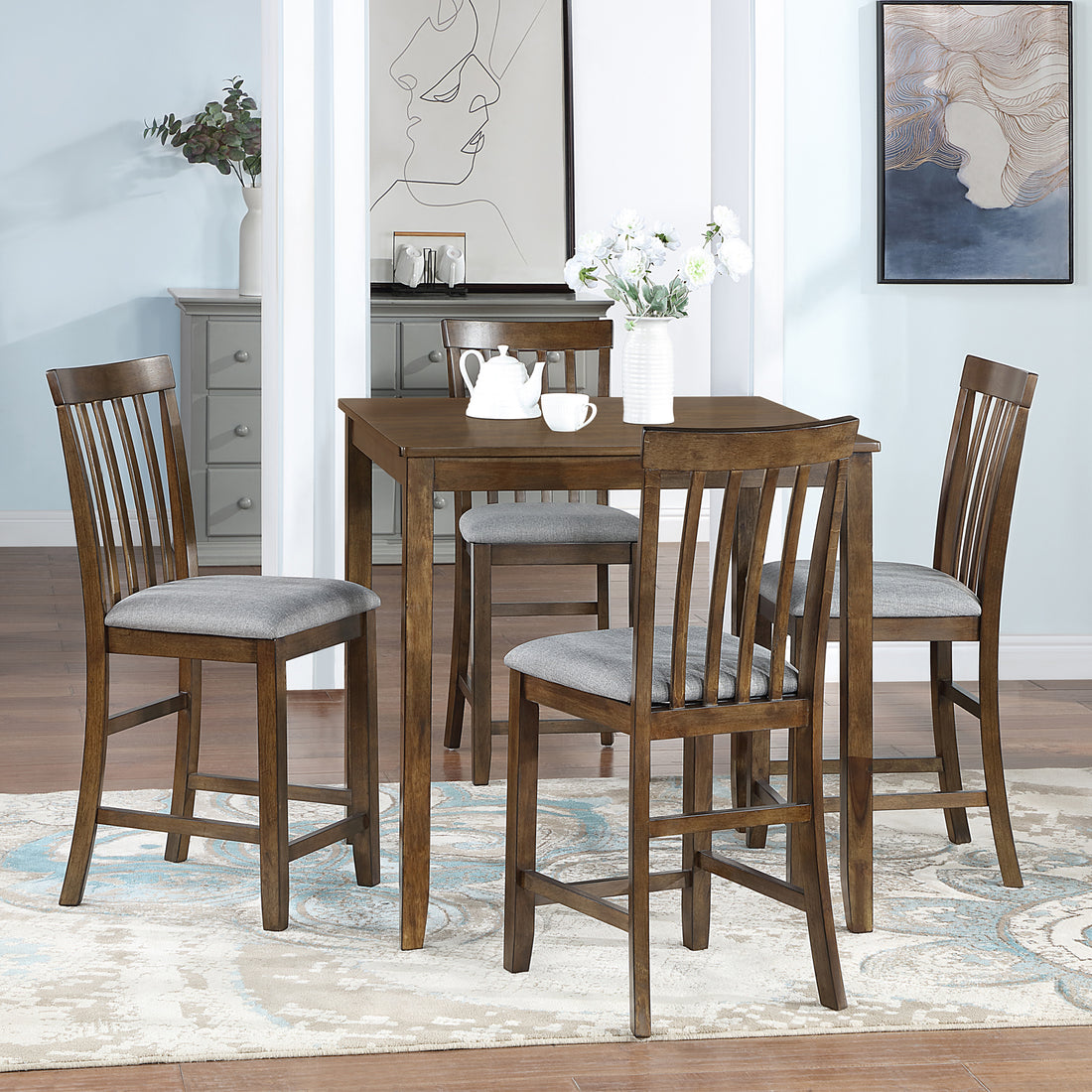 5 Piece Dining Table Set, Wooden Dining Square Table Set For 4, Counter Height Kitchen Table Set With Square Table And 4 Upholstered Chairs For Small Space, Walnut Wood Walnut Seats 4 Gray Wood Dining Room Acacia 4 Leg Square Dining Table With Chair