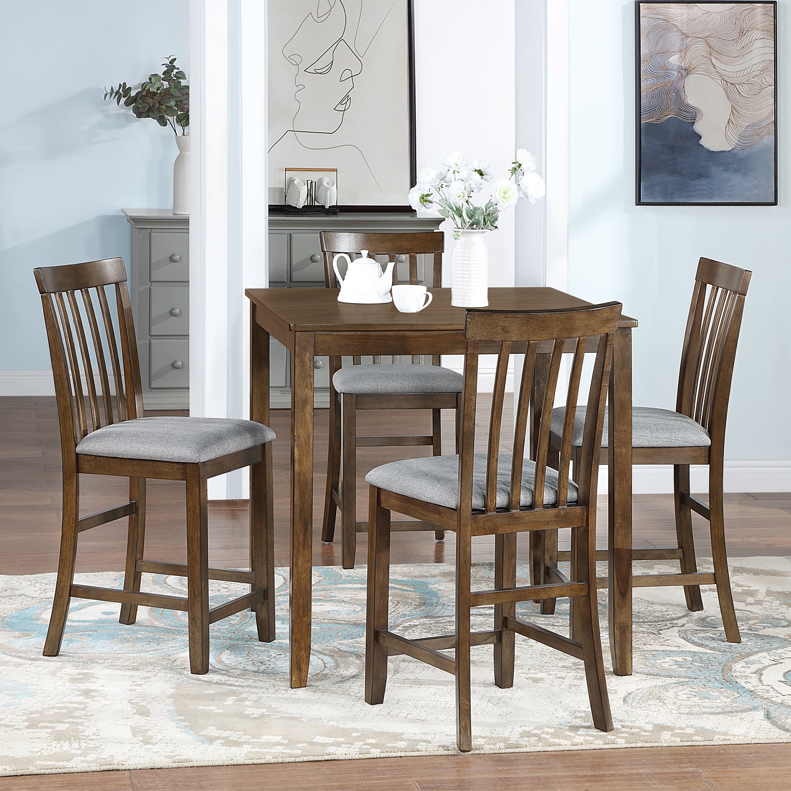 5 Piece Dining Table Set, Wooden Dining Square Table Set For 4, Counter Height Kitchen Table Set With Square Table And 4 Upholstered Chairs For Small Space, Walnut Wood Walnut Seats 4 Gray Wood Dining Room Acacia 4 Leg Square Dining Table With Chair