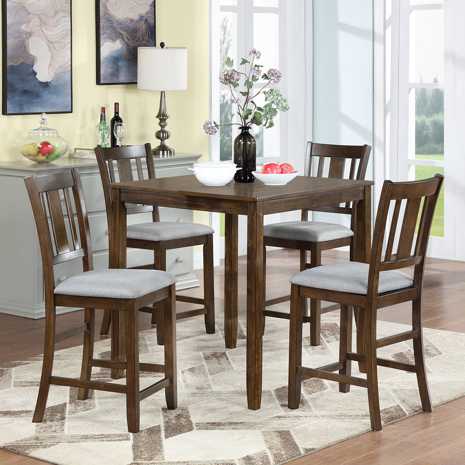 5 Piece Dining Table Set, Wooden Dining Square Table Set For 4, Counter Height Kitchen Table Set With Square Table And 4 Upholstered Chairs For Small Space, Walnut Wood Walnut Seats 4 Gray Wood Dining Room Acacia 4 Leg Square Dining Table With Chair
