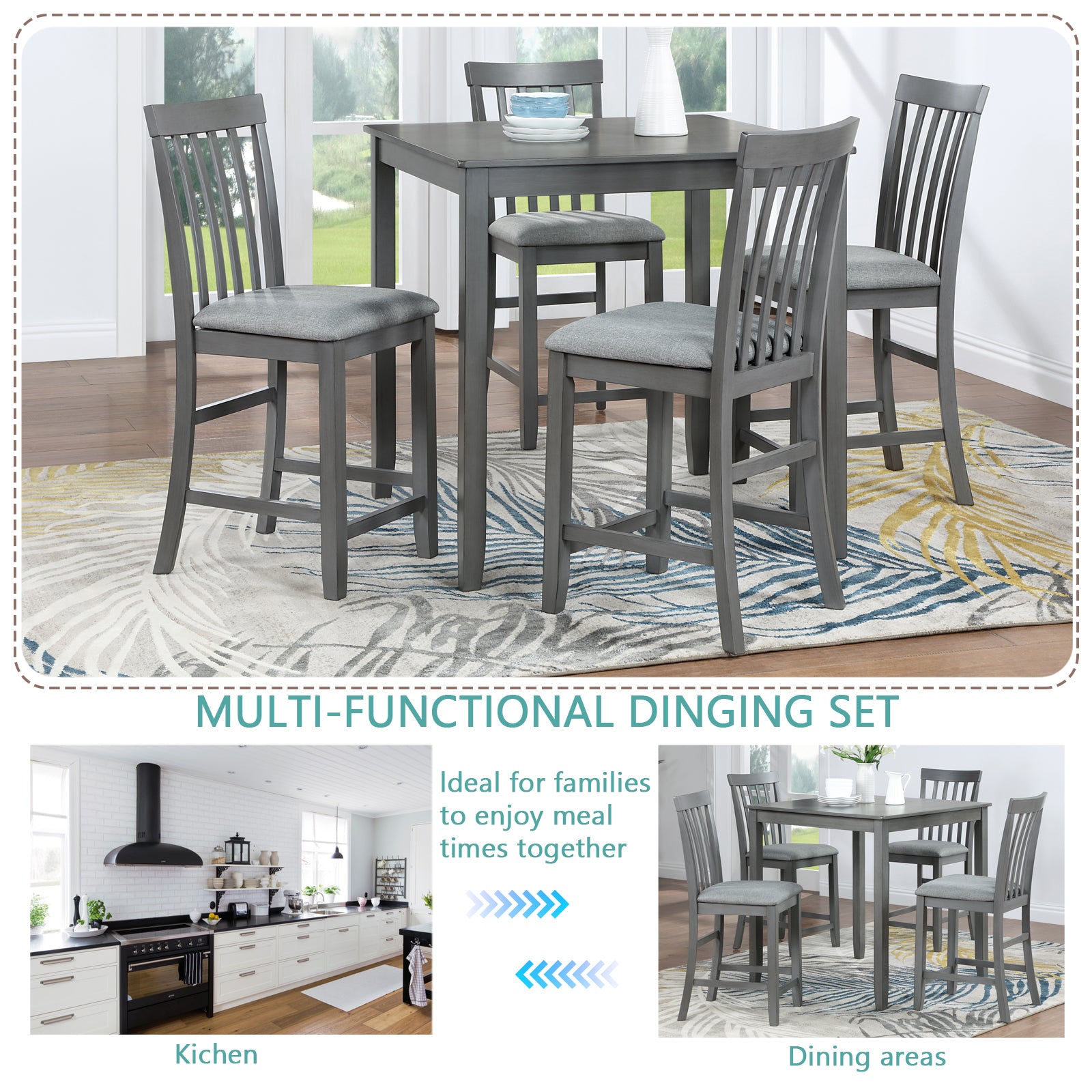 5 Piece Dining Table Set, Wooden Dining Square Table Set For 4, Counter Height Kitchen Table Set With Square Table And 4 Upholstered Chairs For Small Space, Gray Wood Gray Seats 4 Gray Wood Dining Room Acacia 4 Leg Square Dining Table With Chair Acacia
