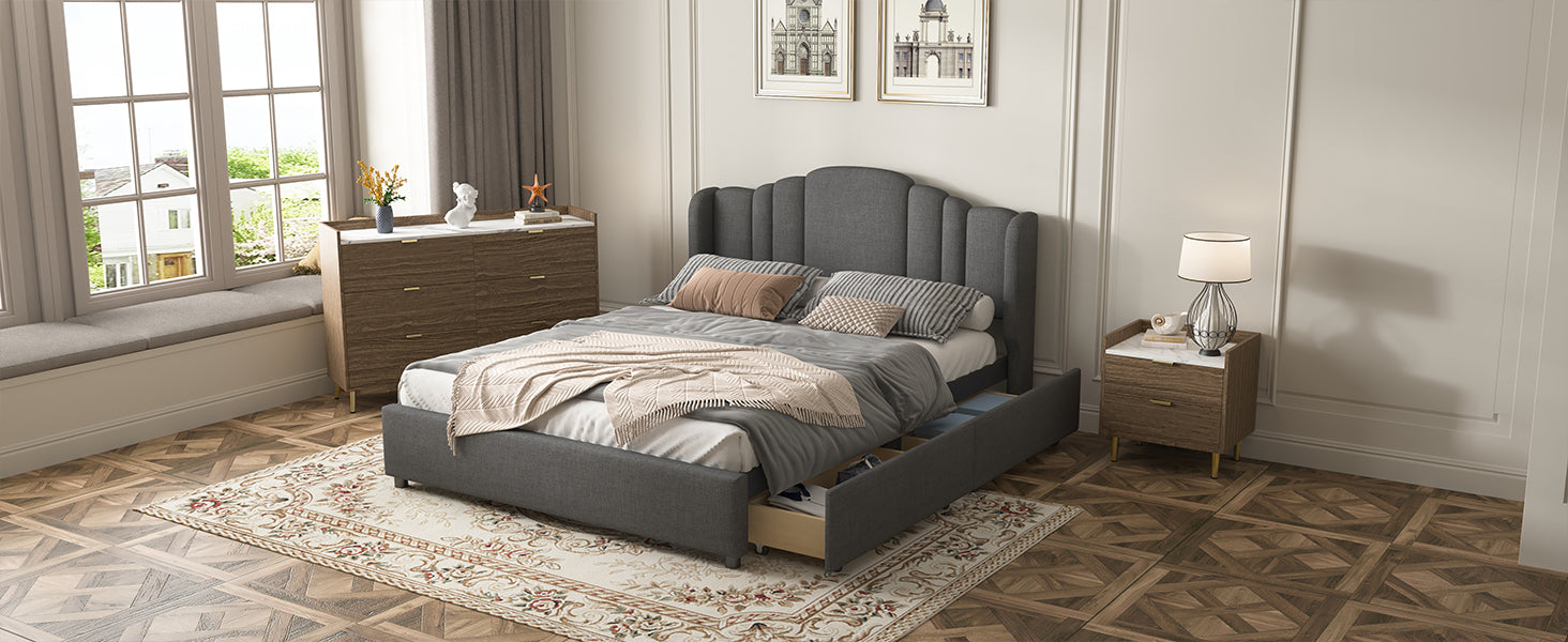 3 Pieces Bedroom Sets Queen Size Upholstered Platform Bed With 4 Drawers, Marble Top Nightstand And Storage Dresser, Gray Gray Mdf