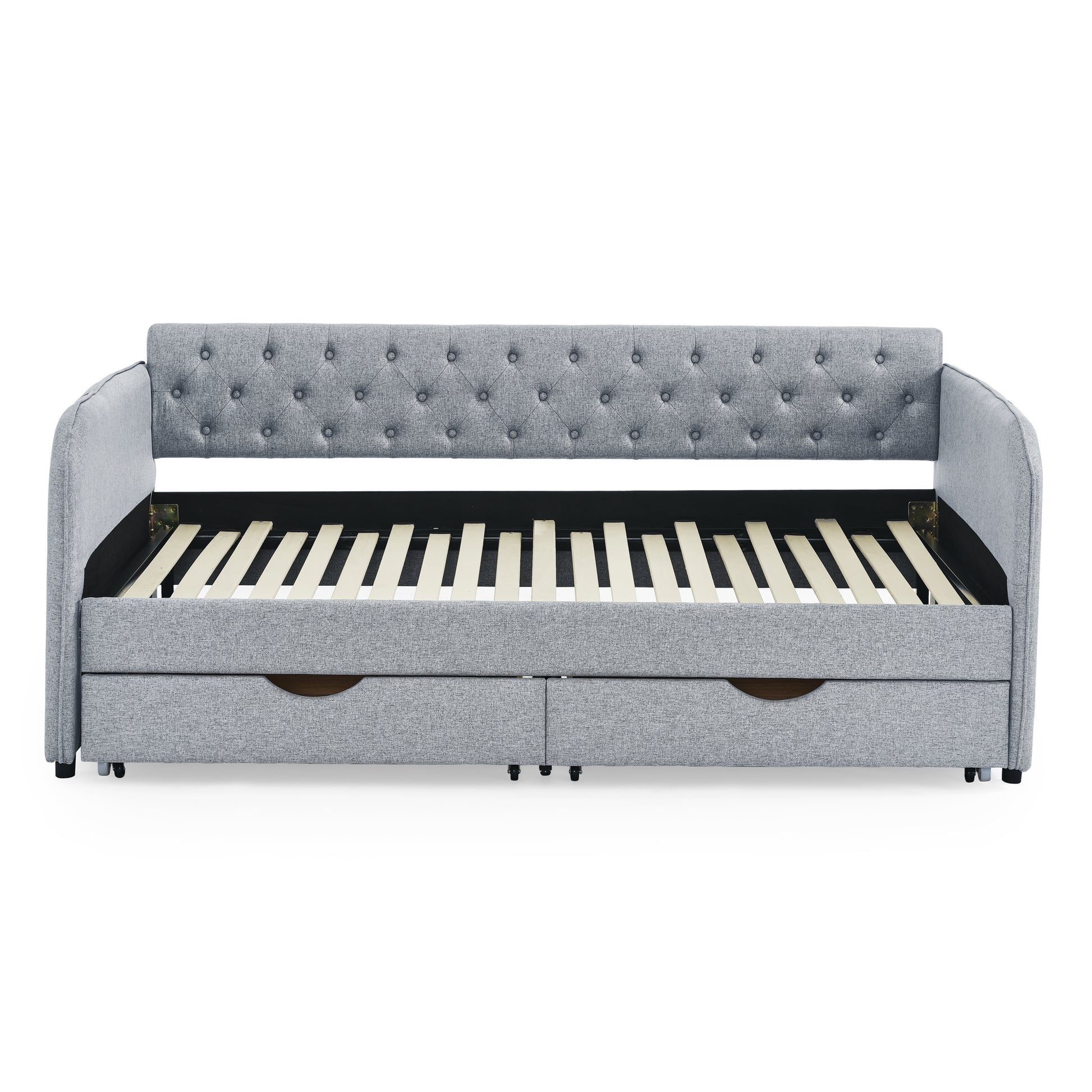 Twin Size Upholstery Daybed With Trundle Bed And Two Storage Drawersflat Arms With Pocket, Extendable Daybed For Bedroom Living Room,Linen Grey Grey Linen