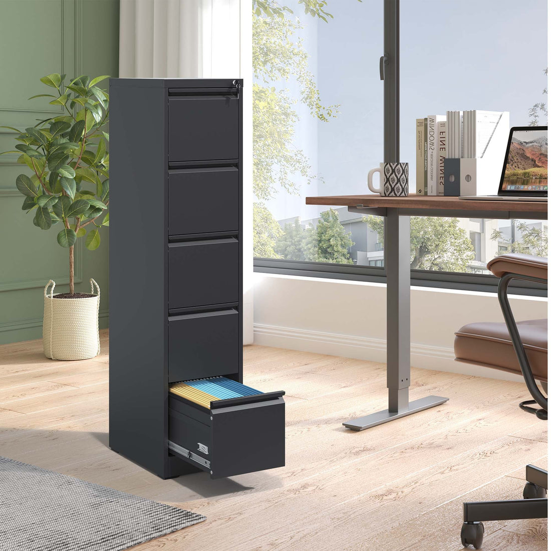 5 Drawer Metal Vertical File Cabinet With Lock Office Home Steel Vertical File Cabinet For A4 Legal Letter Size Filing Cabinets 5 Or More Drawers Black Office Drawers Included Modern Metal Metal