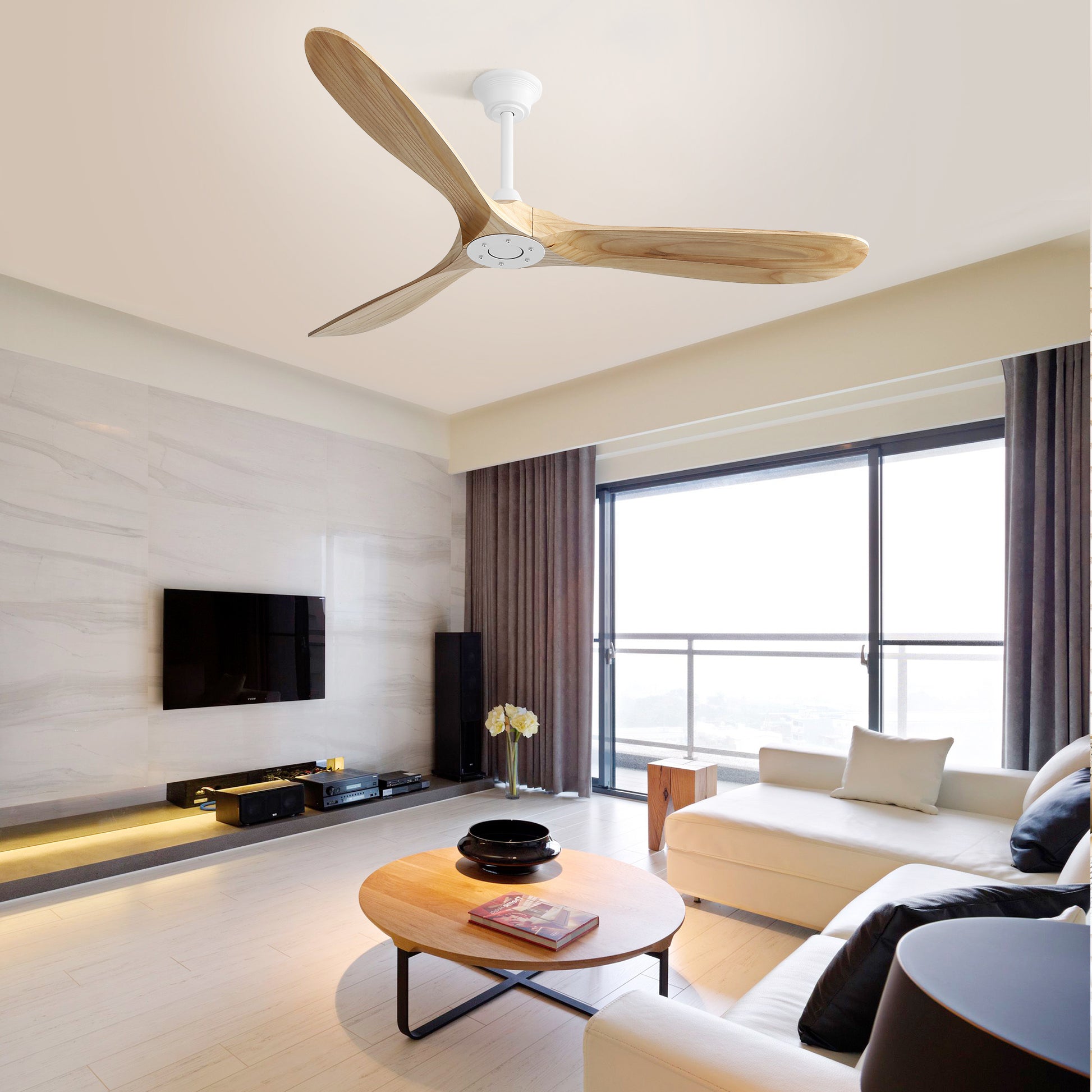 60 Inch Indoor Modern Ceiling Fan With 3 Color Dimmable 6 Speed Remote Control 3 Solid Wood Blade For Living Room White Metal & Wood