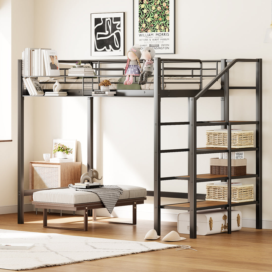 Twin Size Metal Loft Bed With Upper Grid Storage Shelf And Lateral Storage Ladder, Black Black Mdf Metal