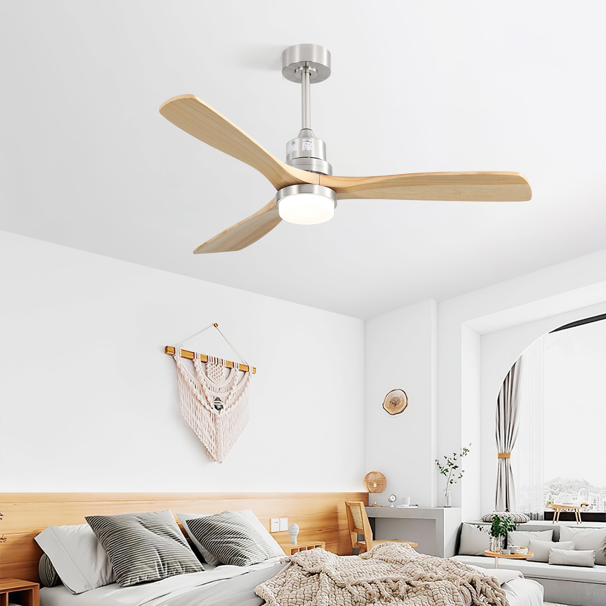 Indoor 52 Inch Ceiling Fan With Dimmable Led Light 6 Speed Remote 3 Wood Blade Reversible Dc Motor For Bedroom Brushed Nickel Metal & Wood