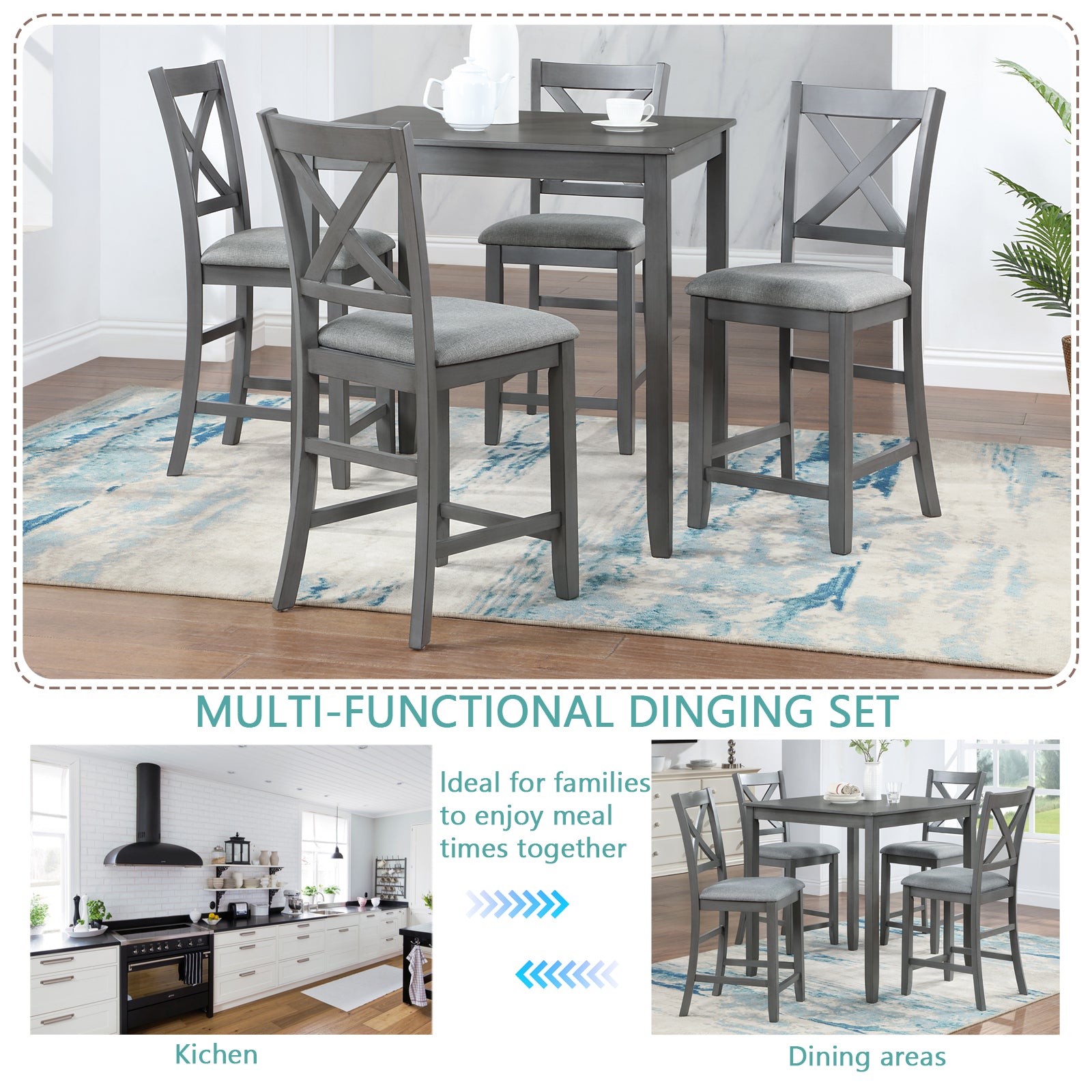 5 Piece Dining Table Set, Wooden Dining Square Table Set For 4, Counter Height Kitchen Table Set With Square Table And 4 Upholstered Chairs For Small Space, Gray Wood Gray Seats 4 Gray Wood Dining Room Acacia 4 Leg Square Dining Table With Chair Acacia