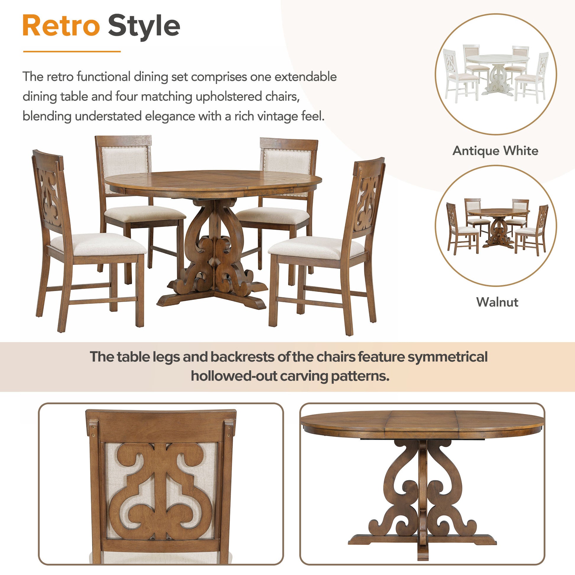 5 Piece Retro Functional Dining Set, 1 Extendable Table With A 16 Inch Leaf And 4 Upholstered Chairs For Dining Room And Kitchen Walnut Walnut Solid Wood