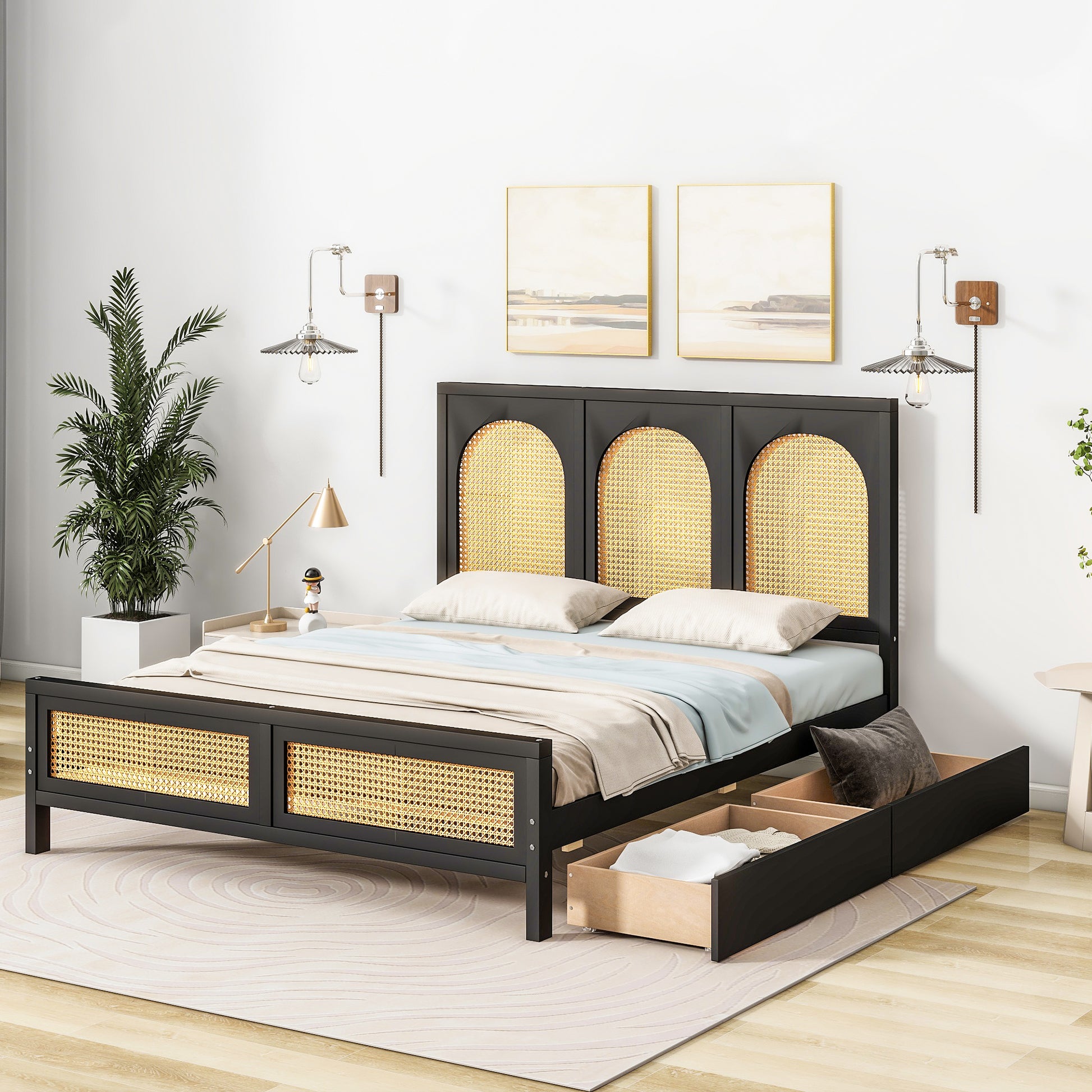 Full Size Wood Storage Platform Bed With 2 Drawers, Rattan Headboard And Footboard, Black Box Spring Not Required Full Black Wood Bathroom Wood Rattan