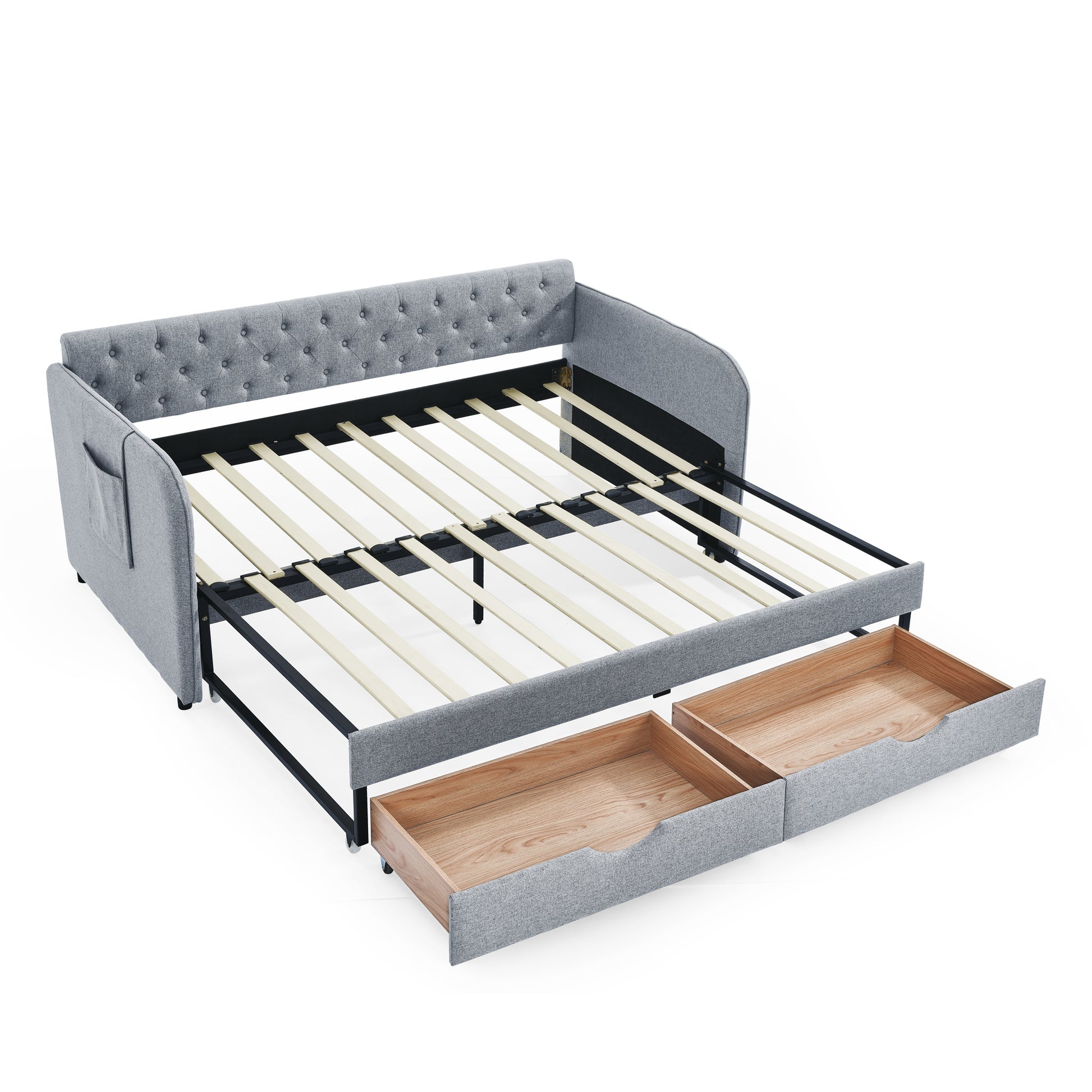 Twin Size Upholstery Daybed With Trundle Bed And Two Storage Drawersflat Arms With Pocket, Extendable Daybed For Bedroom Living Room,Linen Grey Grey Linen