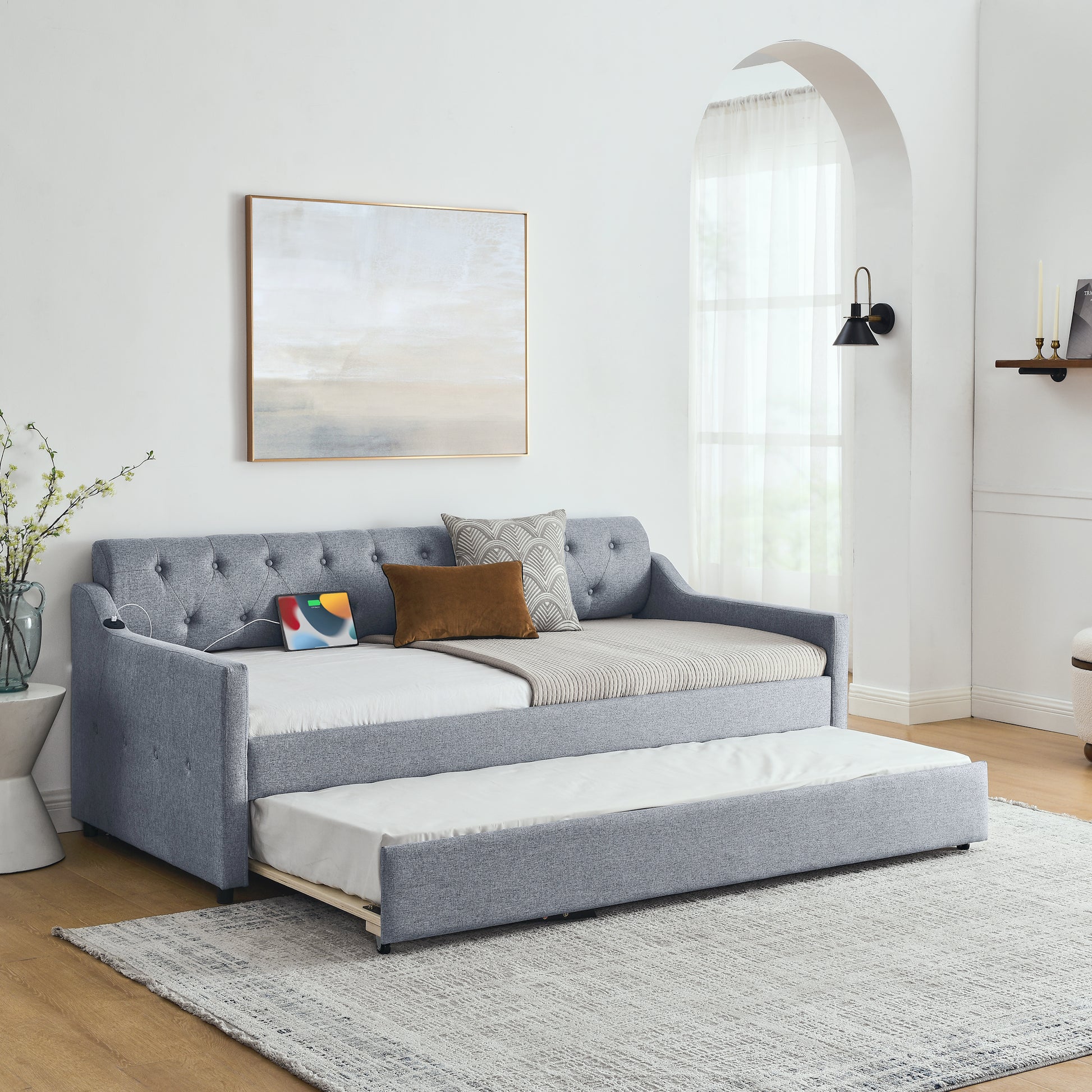 Twin Size Upholstery Daybed With Twin Size Erectable Trundle And Usb Charging Design, Linen Grey Twin Grey Linen