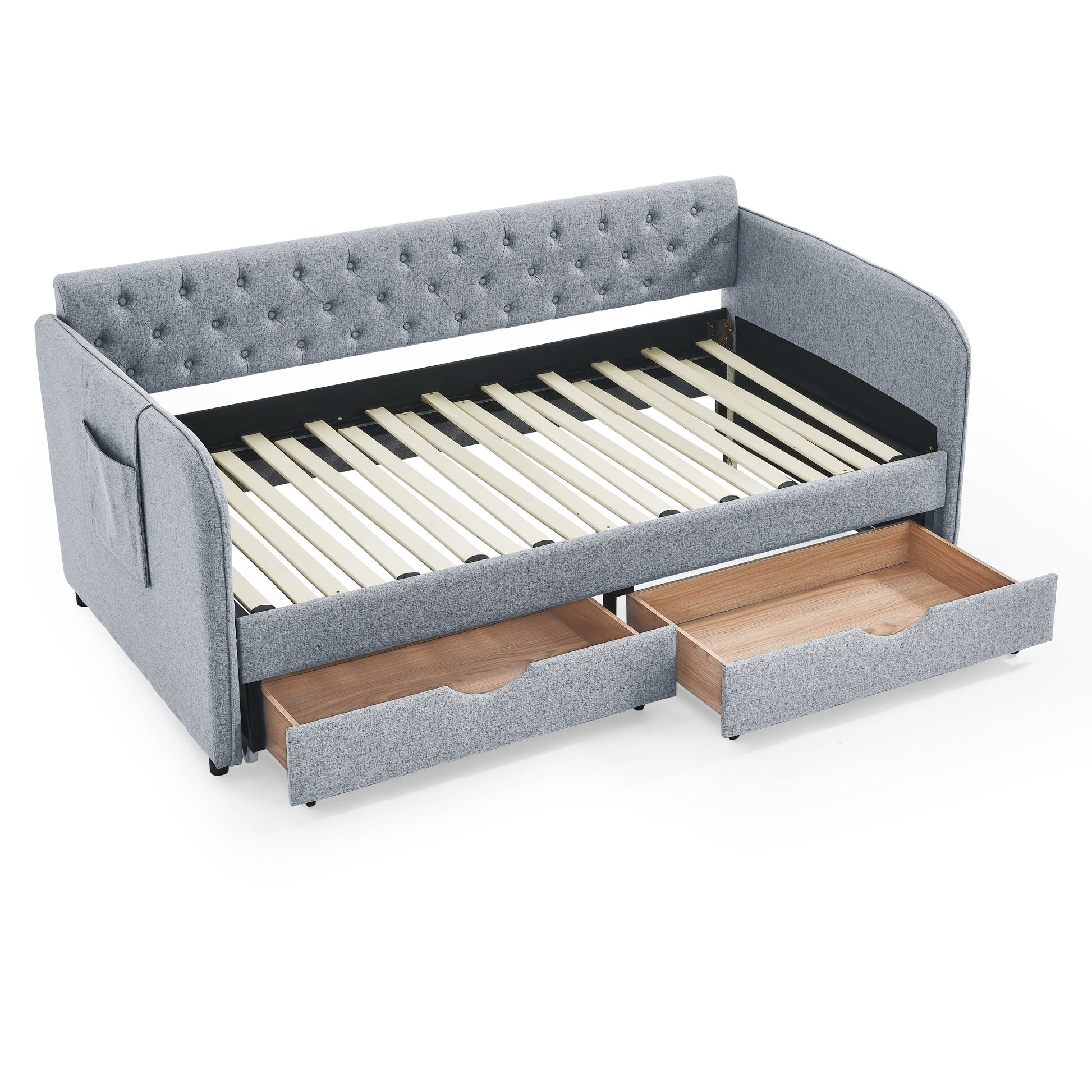 Twin Size Upholstery Daybed With Trundle Bed And Two Storage Drawersflat Arms With Pocket, Extendable Daybed For Bedroom Living Room,Linen Grey Grey Linen