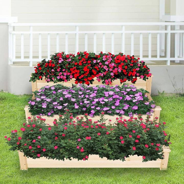 3 Tier Raised Garden Bed Kit Wooden Planter Box Heavy Duty Solid Fir Wood Natural Wood