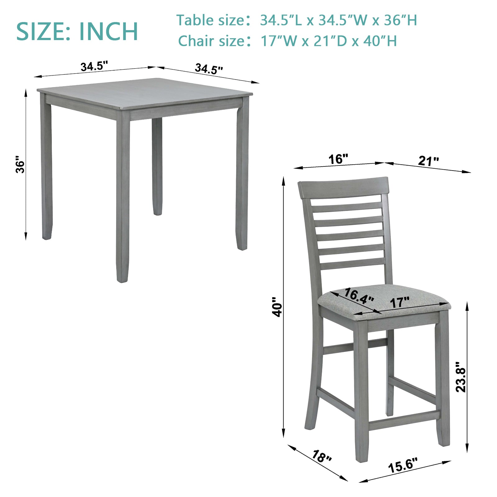 5 Piece Dining Table Set, Wooden Dining Square Table Set For 4, Counter Height Kitchen Table Set With Square Table And 4 Upholstered Chairs For Small Space, Gray Wood Gray Seats 4 Gray Wood Dining Room Acacia 4 Leg Square Dining Table With Chair Acacia