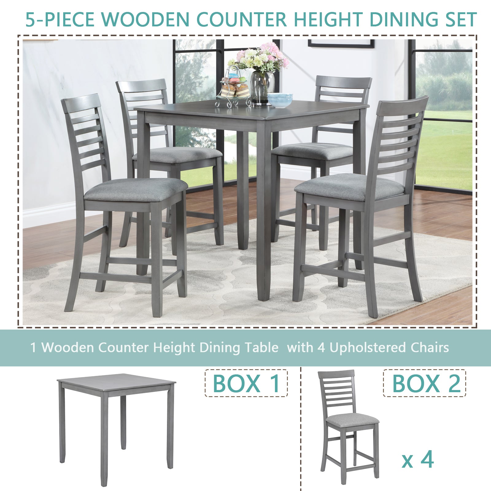 5 Piece Dining Table Set, Wooden Dining Square Table Set For 4, Counter Height Kitchen Table Set With Square Table And 4 Upholstered Chairs For Small Space, Gray Wood Gray Seats 4 Gray Wood Dining Room Acacia 4 Leg Square Dining Table With Chair Acacia