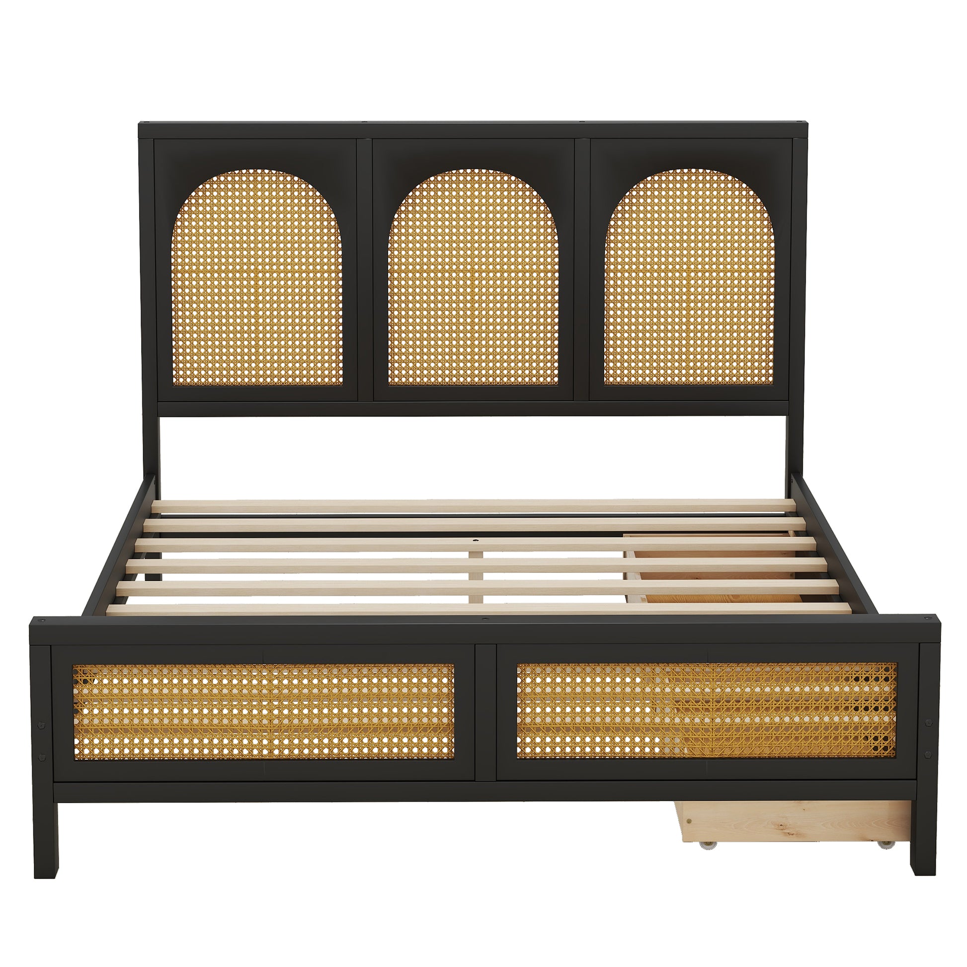 Full Size Wood Storage Platform Bed With 2 Drawers, Rattan Headboard And Footboard, Black Box Spring Not Required Full Black Wood Bathroom Wood Rattan