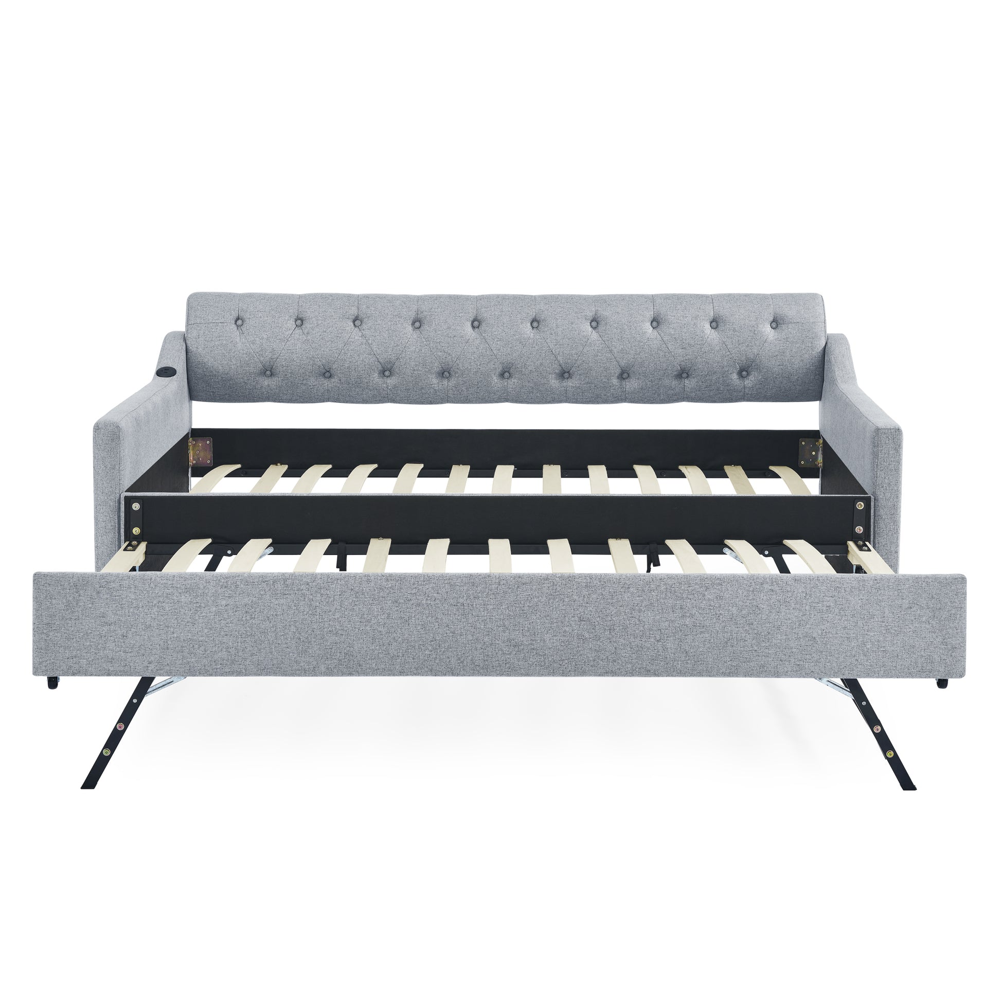 Twin Size Upholstery Daybed With Twin Size Erectable Trundle And Usb Charging Design, Linen Grey Twin Grey Linen