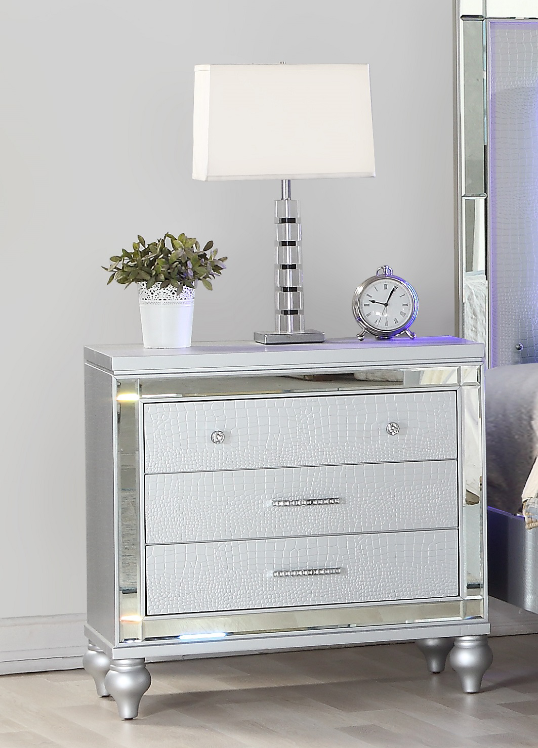 Sterling Mirror Framed Nightstand Made With Wood In Silver Silver 3 Drawers Bedroom Contemporary,Modern Acacia Wood