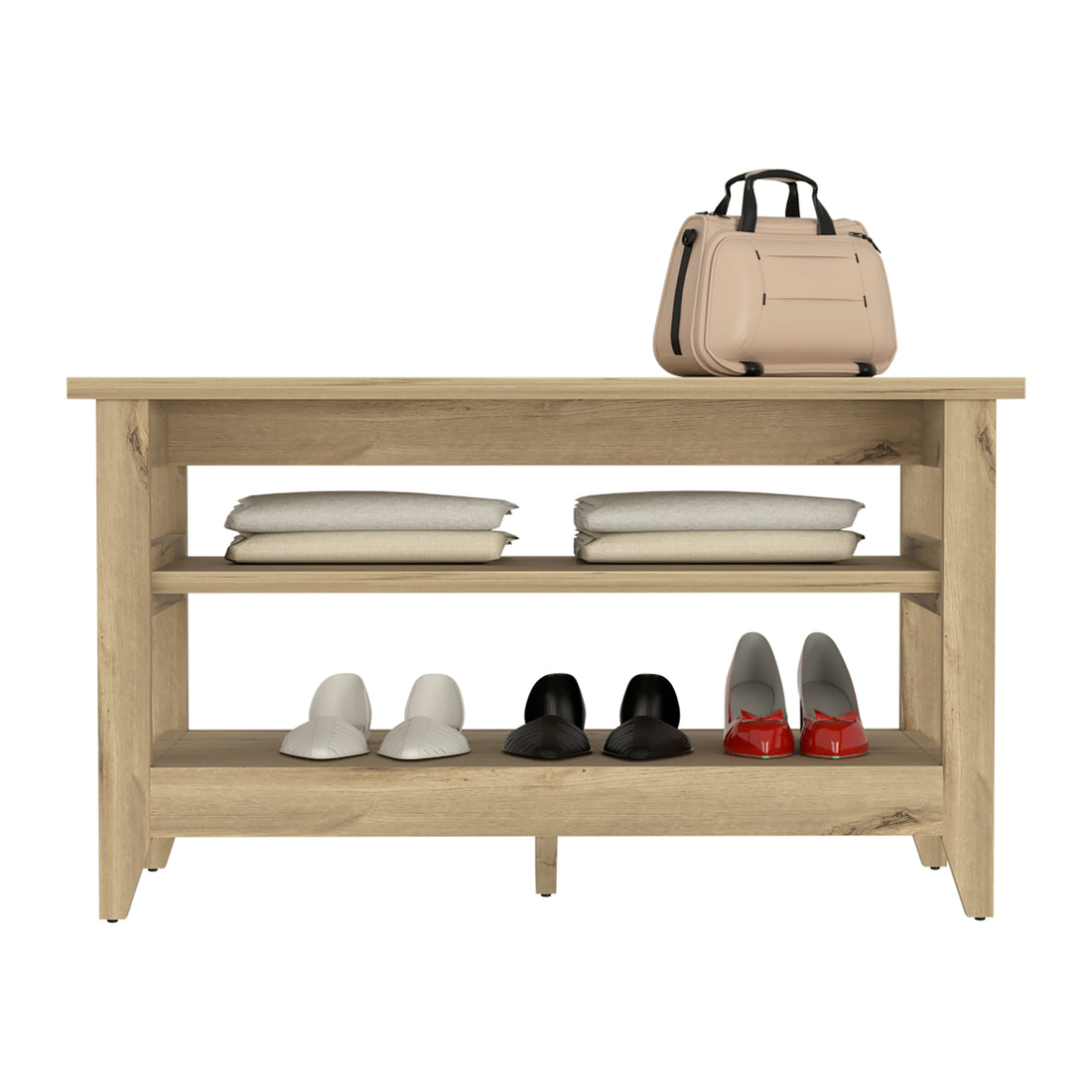 Storage Bench, Two Open Shelves, Light Oak Beige Particle Board Particle Board