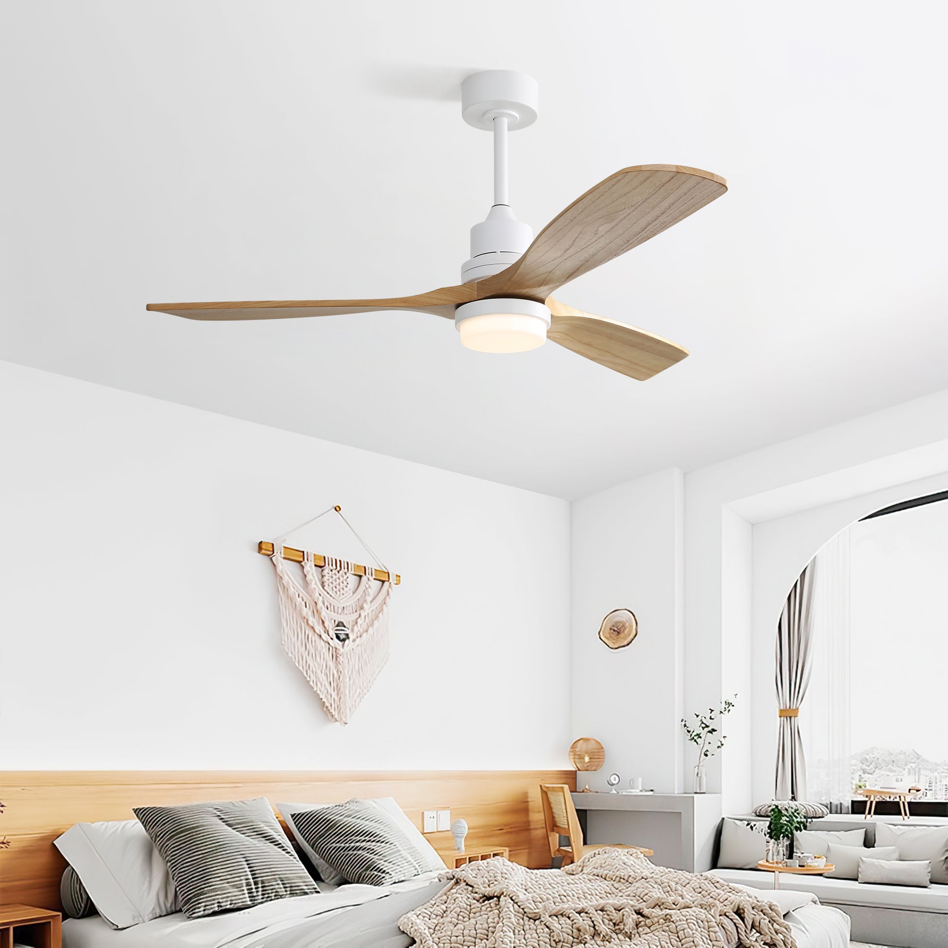 52 Inch Ceiling Fan With Dimmable Led Light 6 Speed Remote 3 Wood Blade Reversible Dc Motor For Bedroom White Metal & Wood