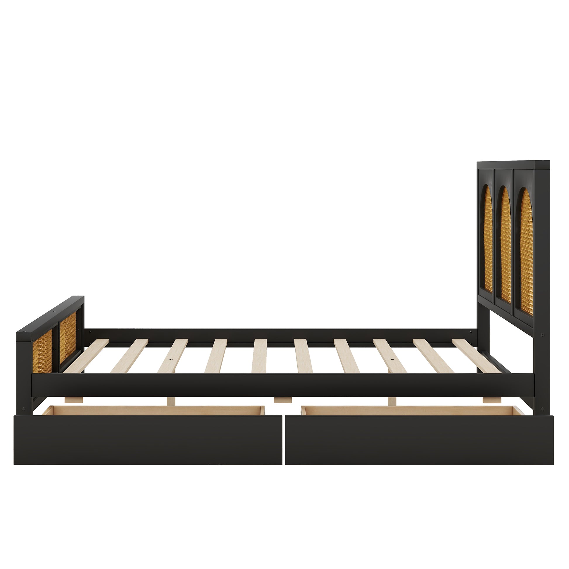 Full Size Wood Storage Platform Bed With 2 Drawers, Rattan Headboard And Footboard, Black Box Spring Not Required Full Black Wood Bathroom Wood Rattan
