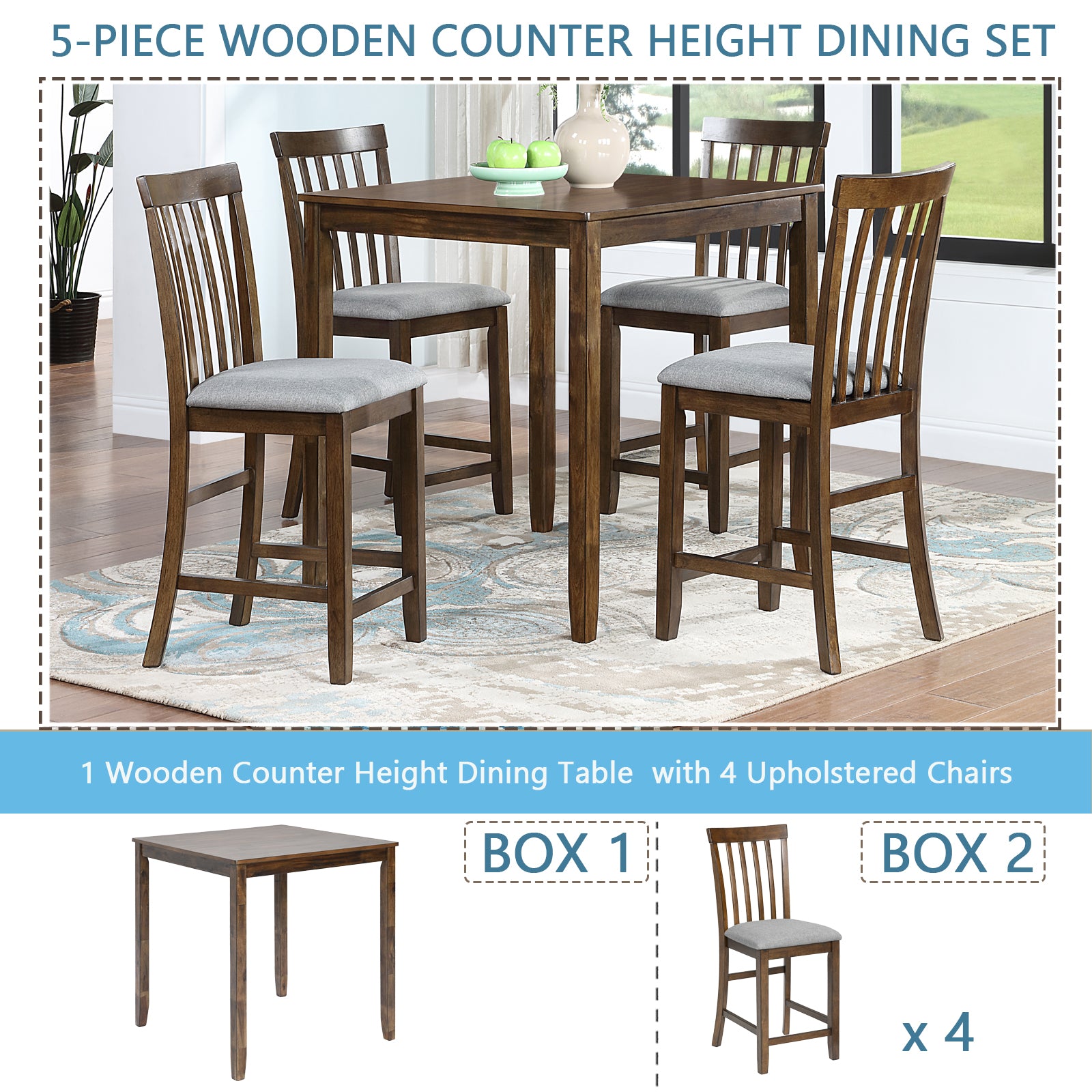 5 Piece Dining Table Set, Wooden Dining Square Table Set For 4, Counter Height Kitchen Table Set With Square Table And 4 Upholstered Chairs For Small Space, Walnut Wood Walnut Seats 4 Gray Wood Dining Room Acacia 4 Leg Square Dining Table With Chair