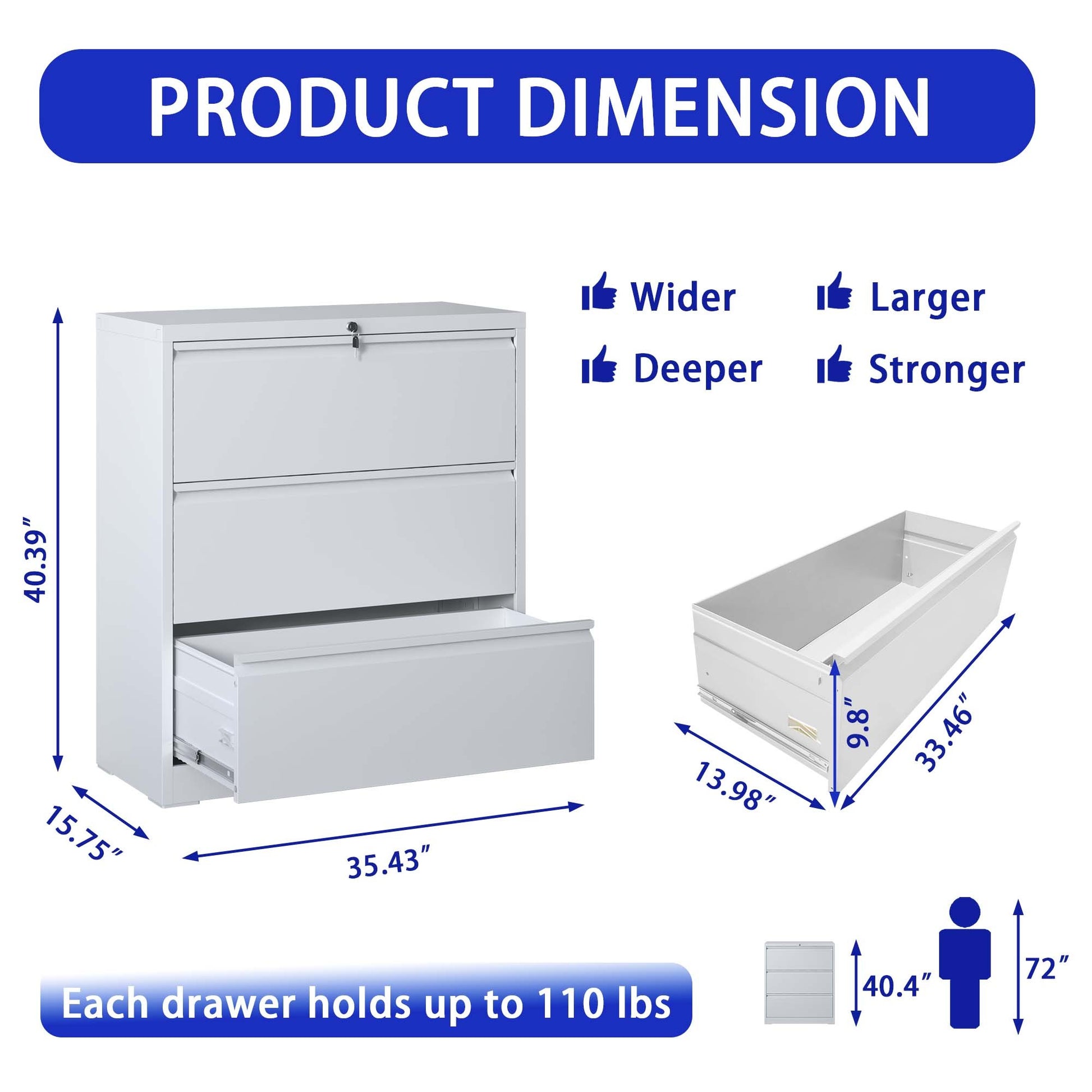 Lateral File Cabinet 3 Drawer, White Filing Cabinet With Lock, Lockable File Cabinet For Home Office, Locking Metal File Cabinet For Legal Letter A4 F4 Size Filing Cabinets 3 4 Drawers White Office Drawers Included Modern Metal Metal