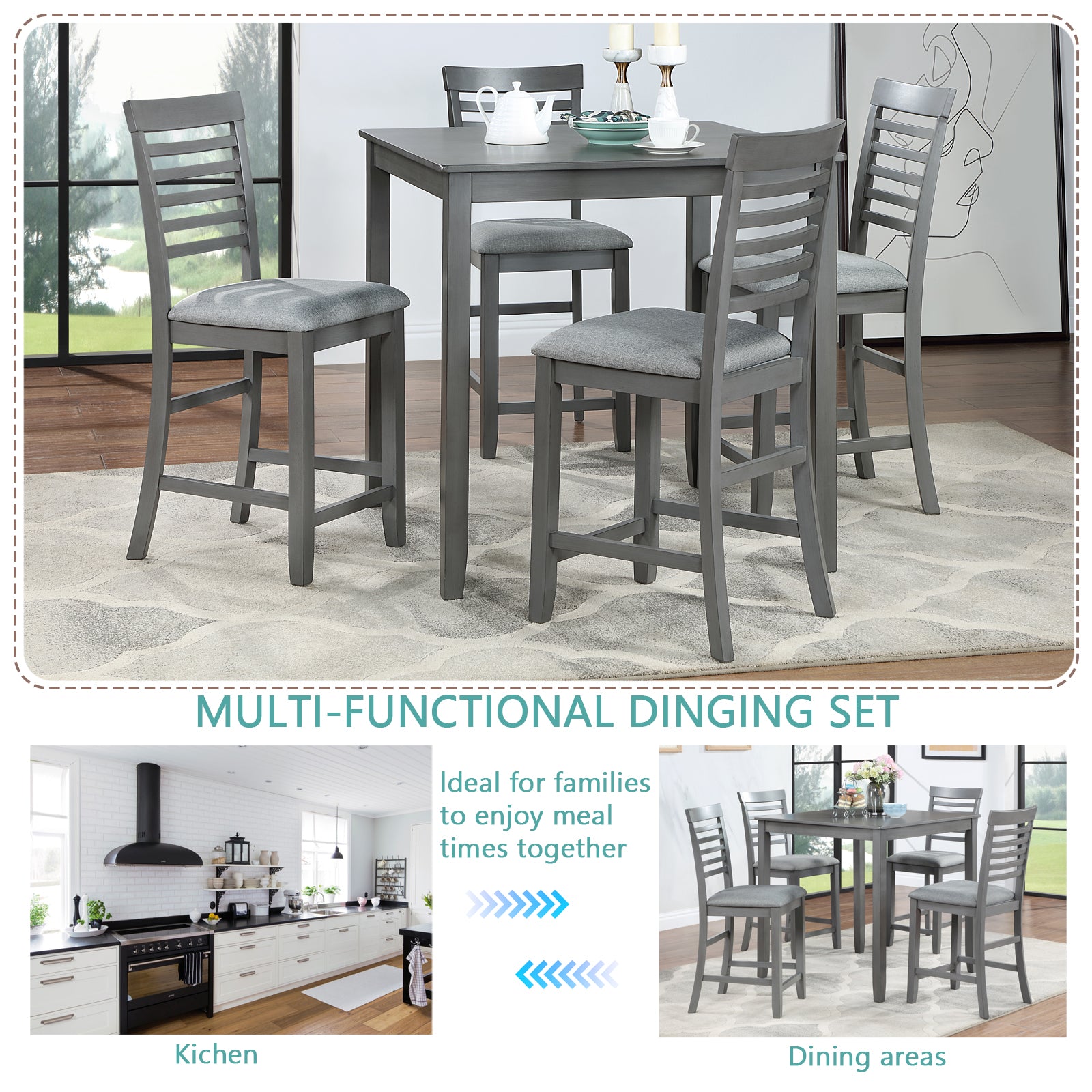 5 Piece Dining Table Set, Wooden Dining Square Table Set For 4, Counter Height Kitchen Table Set With Square Table And 4 Upholstered Chairs For Small Space, Gray Wood Gray Seats 4 Gray Wood Dining Room Acacia 4 Leg Square Dining Table With Chair Acacia