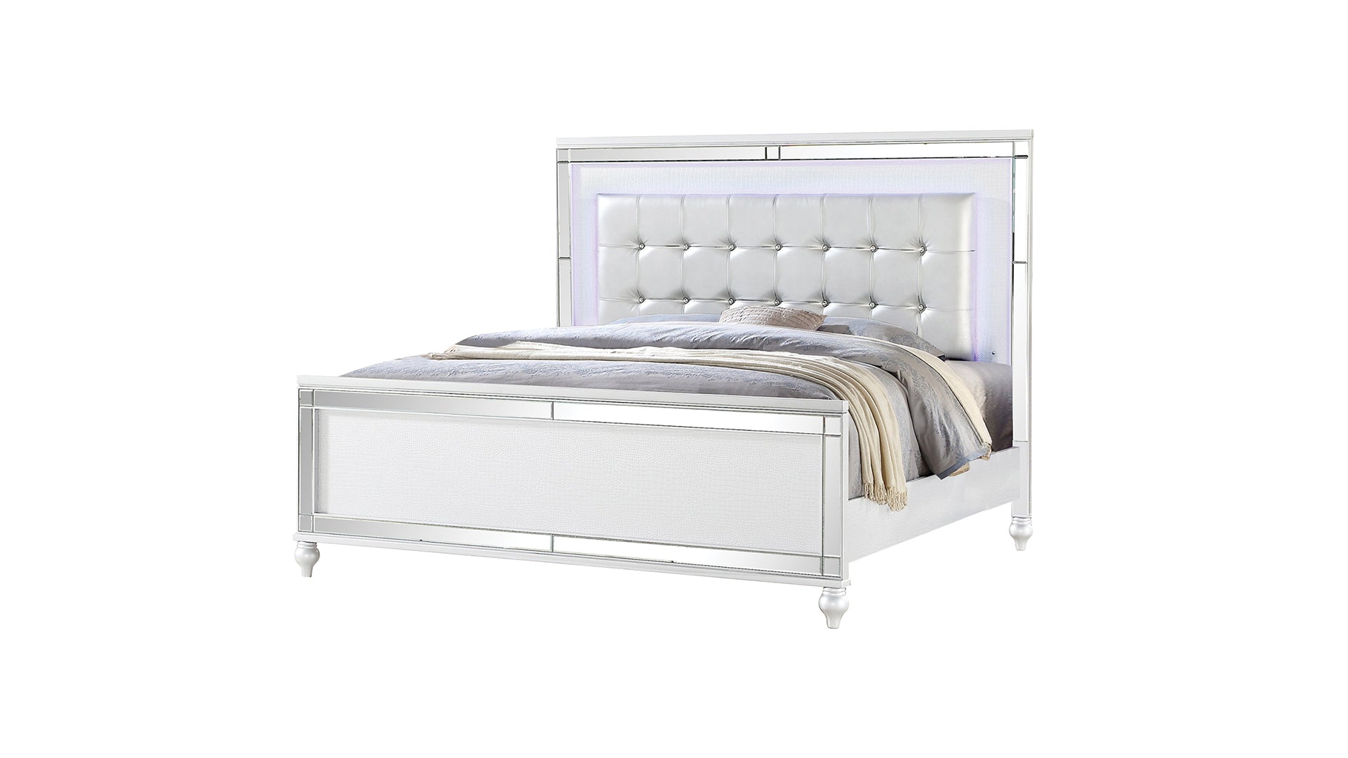 Queen Size Upholstered Led Bed Made With Wood In White Color Queen White Wood Bedroom Wood