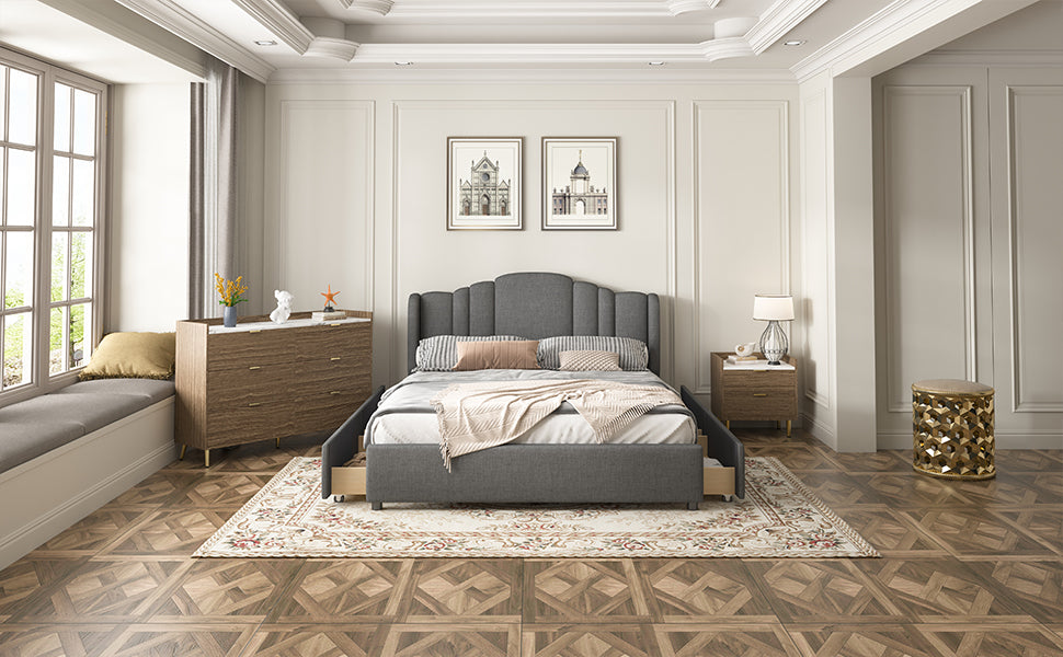 3 Pieces Bedroom Sets Queen Size Upholstered Platform Bed With 4 Drawers, Marble Top Nightstand And Storage Dresser, Gray Gray Mdf