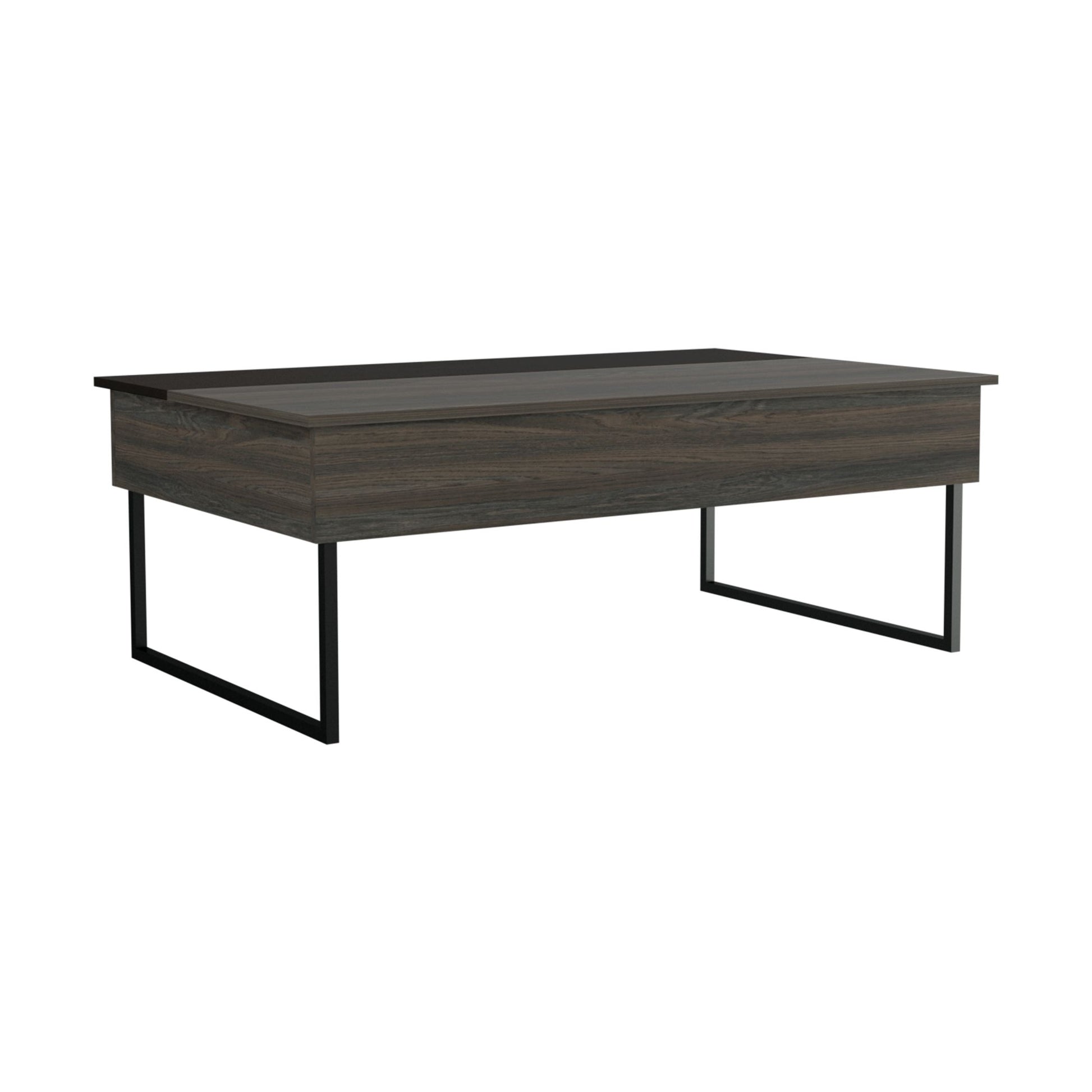 Ocean Lift Top Coffee Table, Two Legs, Two Shelves, Carbon Espresso Brown Particle Board Particle Board