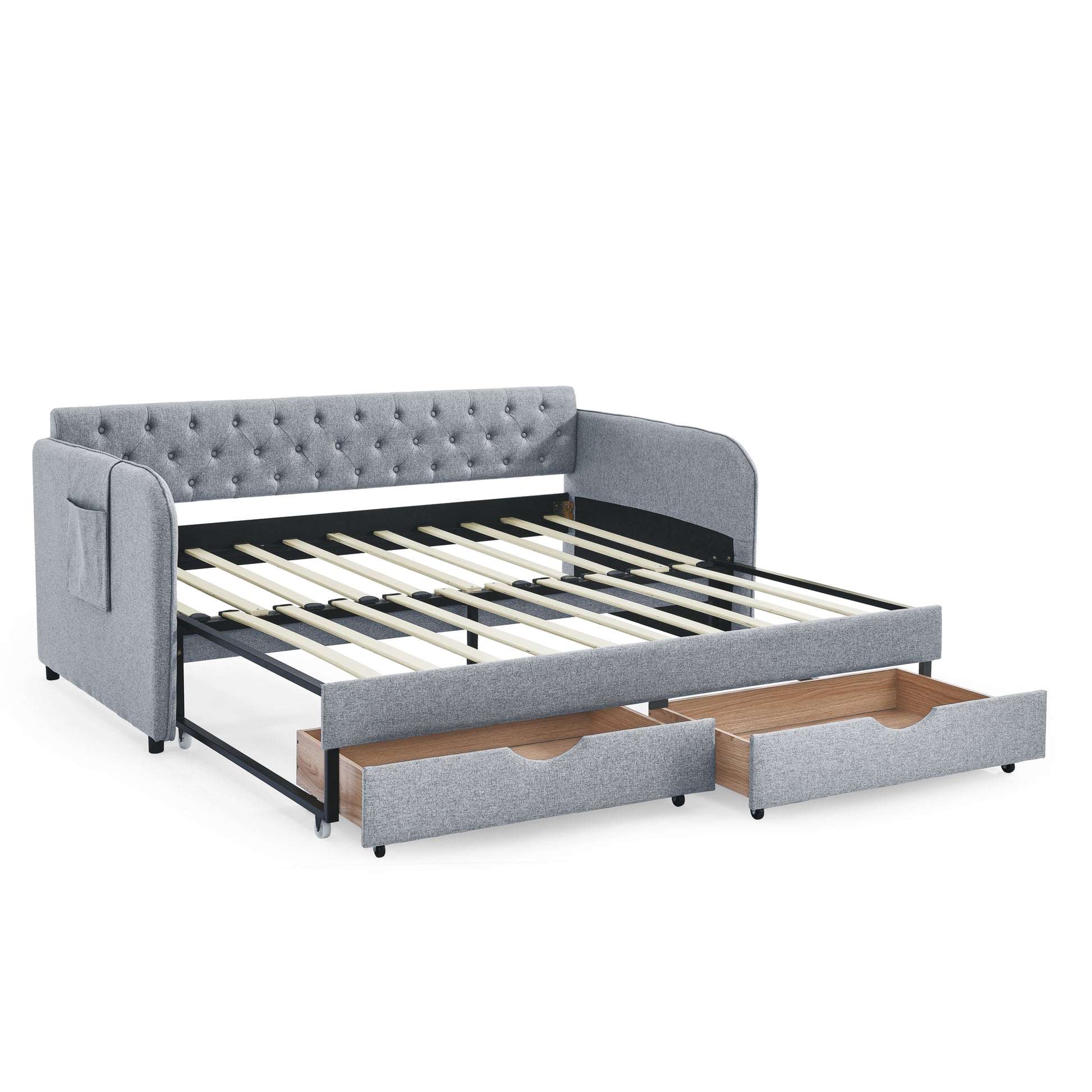 Twin Size Upholstery Daybed With Trundle Bed And Two Storage Drawersflat Arms With Pocket, Extendable Daybed For Bedroom Living Room,Linen Grey Grey Linen