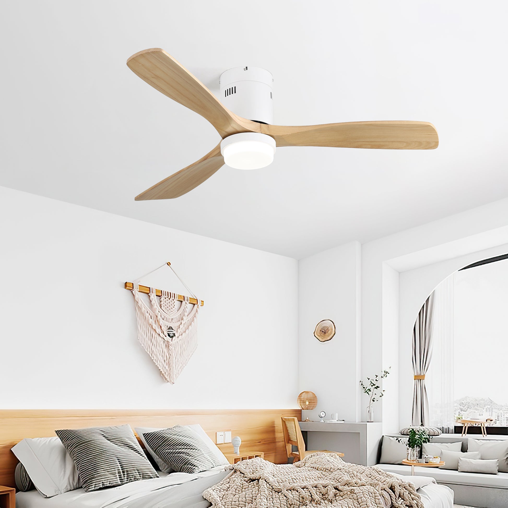 52 Inch Decorative Ceiling Fan With 6 Speed Remote White 3 Solid Wood Blades Reversible Dc Motor For Living Room White Metal & Wood