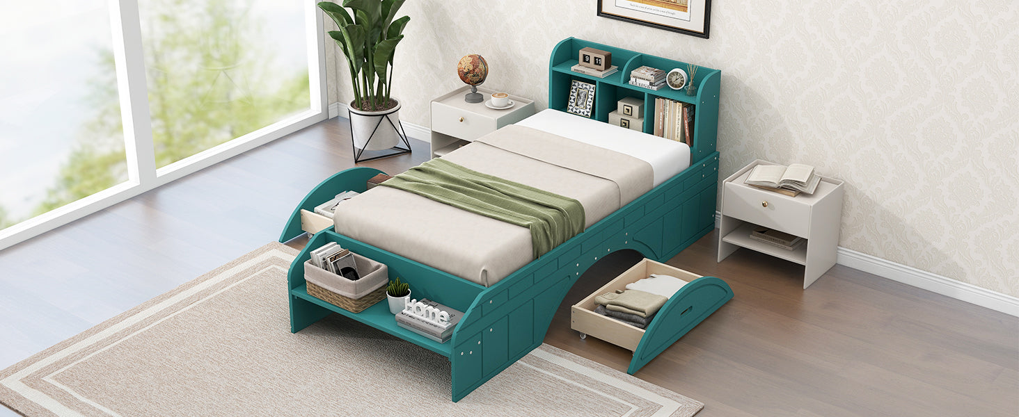 Wood Twin Size Platform Bed With 2 Drawers, Storage Headboard And Footboard, Dark Green Box Spring Not Required Twin Dark Green Bedroom Bed Frame Solid Wood Mdf