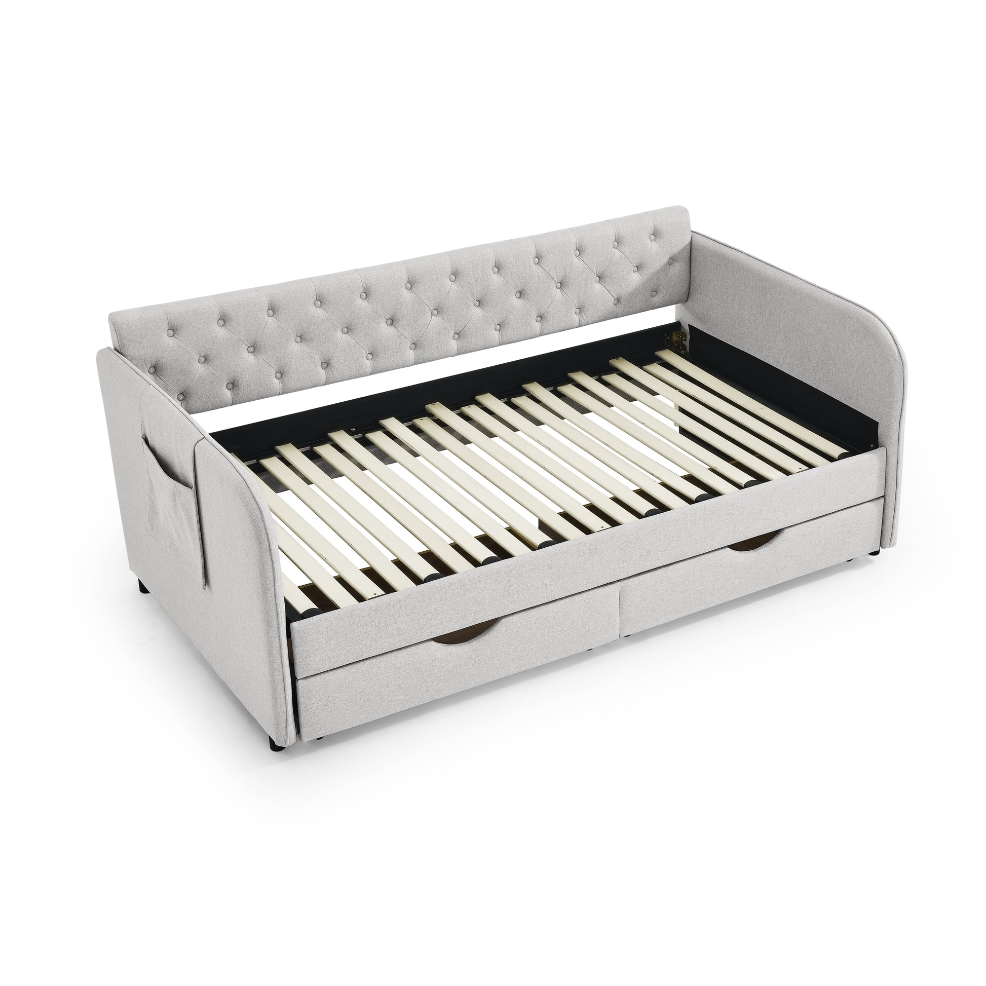 Twin Size Upholstery Daybed With Trundle Bed And Two Storage Drawersflat Arms With Pocket, Extendable Daybed For Bedroom Living Room,Linen Beige Beige Linen