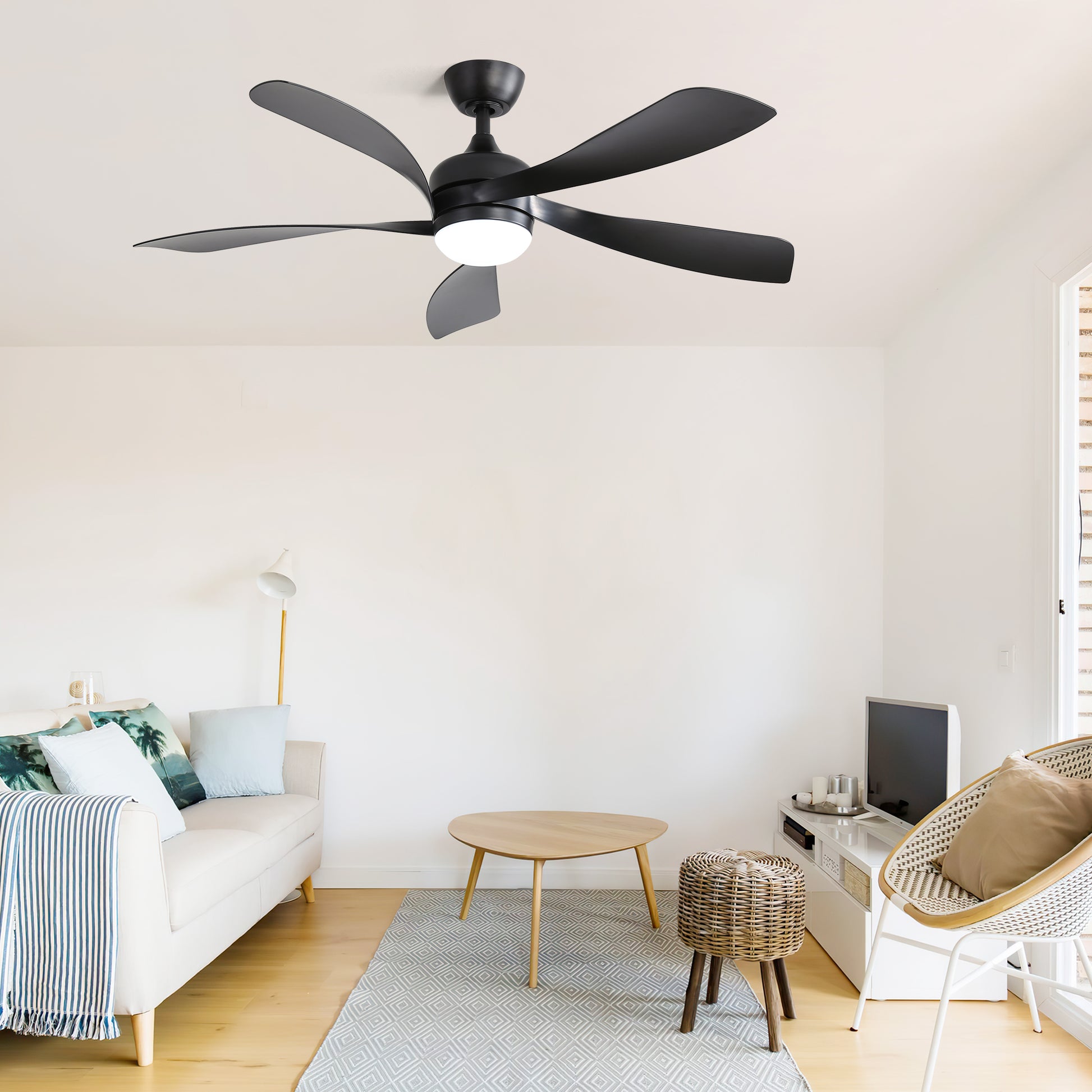 52 Inch Modern Ceiling Fan With 3 Color Dimmable 5 Abs Blades Remote Control Reversible Dc Motor With Led Light Black Abs