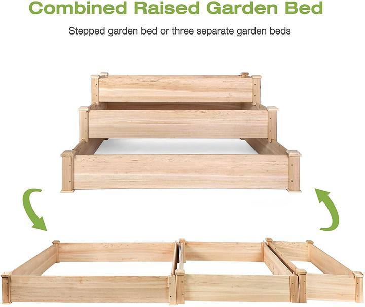 3 Tier Raised Garden Bed Kit Wooden Planter Box Heavy Duty Solid Fir Wood Natural Wood