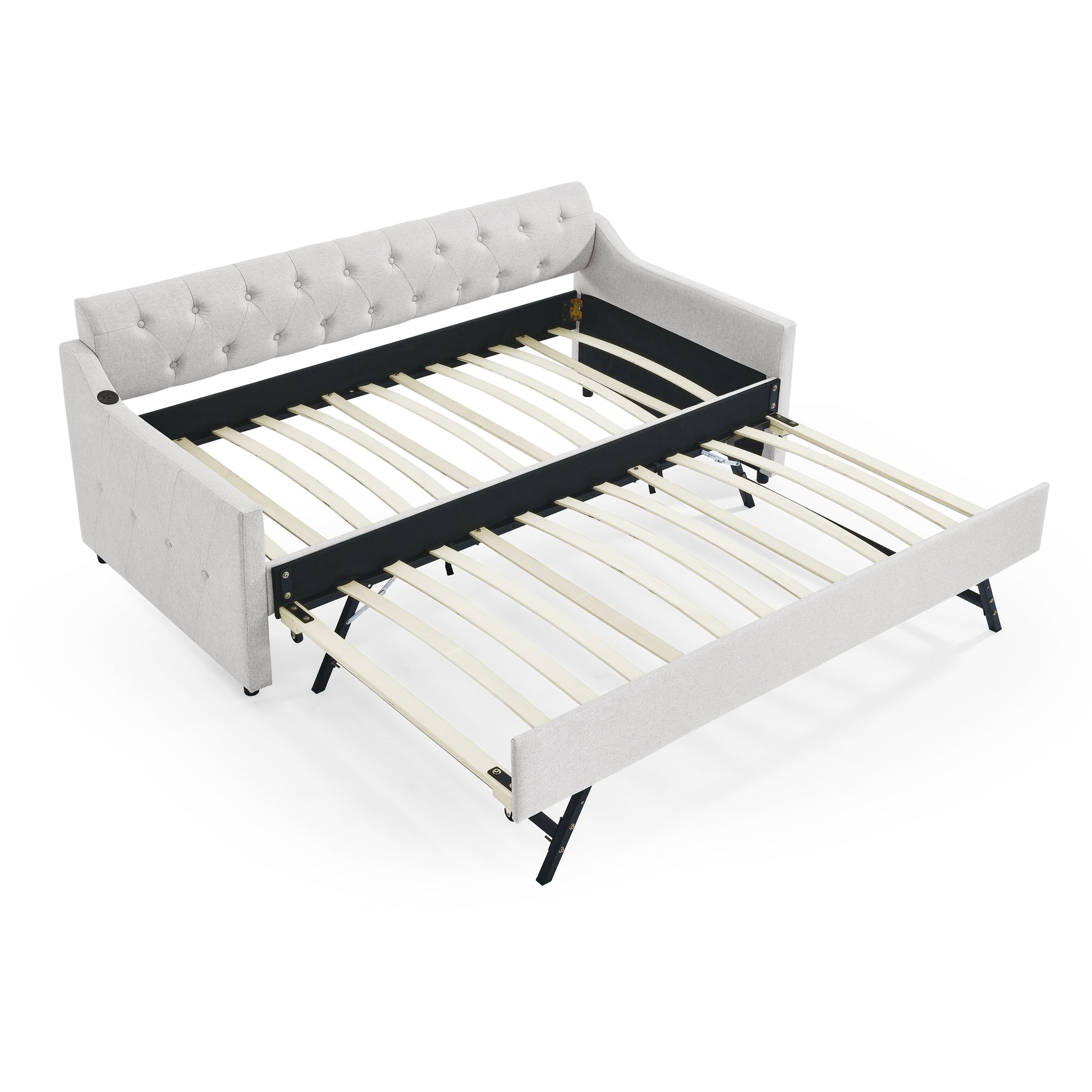 Twin Size Upholstery Daybed With Twin Size Erectable Trundle And Usb Charging Design, Linen Beige Twin Beige Linen