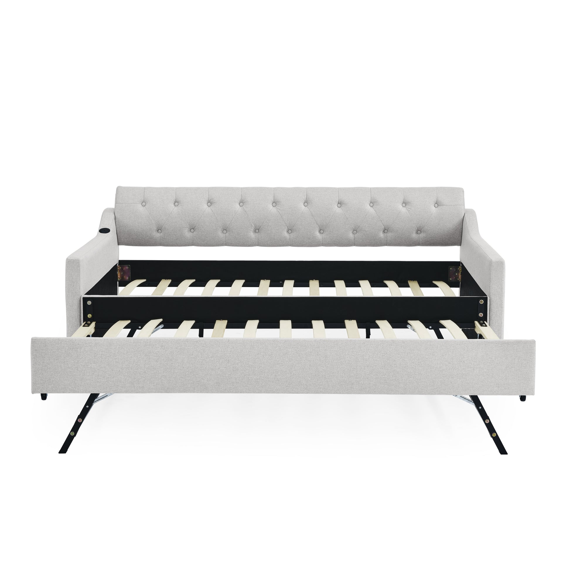 Twin Size Upholstery Daybed With Twin Size Erectable Trundle And Usb Charging Design, Linen Beige Twin Beige Linen