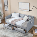 Twin Size Upholstery Daybed With Trundle Bed And Two Storage Drawersflat Arms With Pocket, Extendable Daybed For Bedroom Living Room,Linen Grey Grey Linen